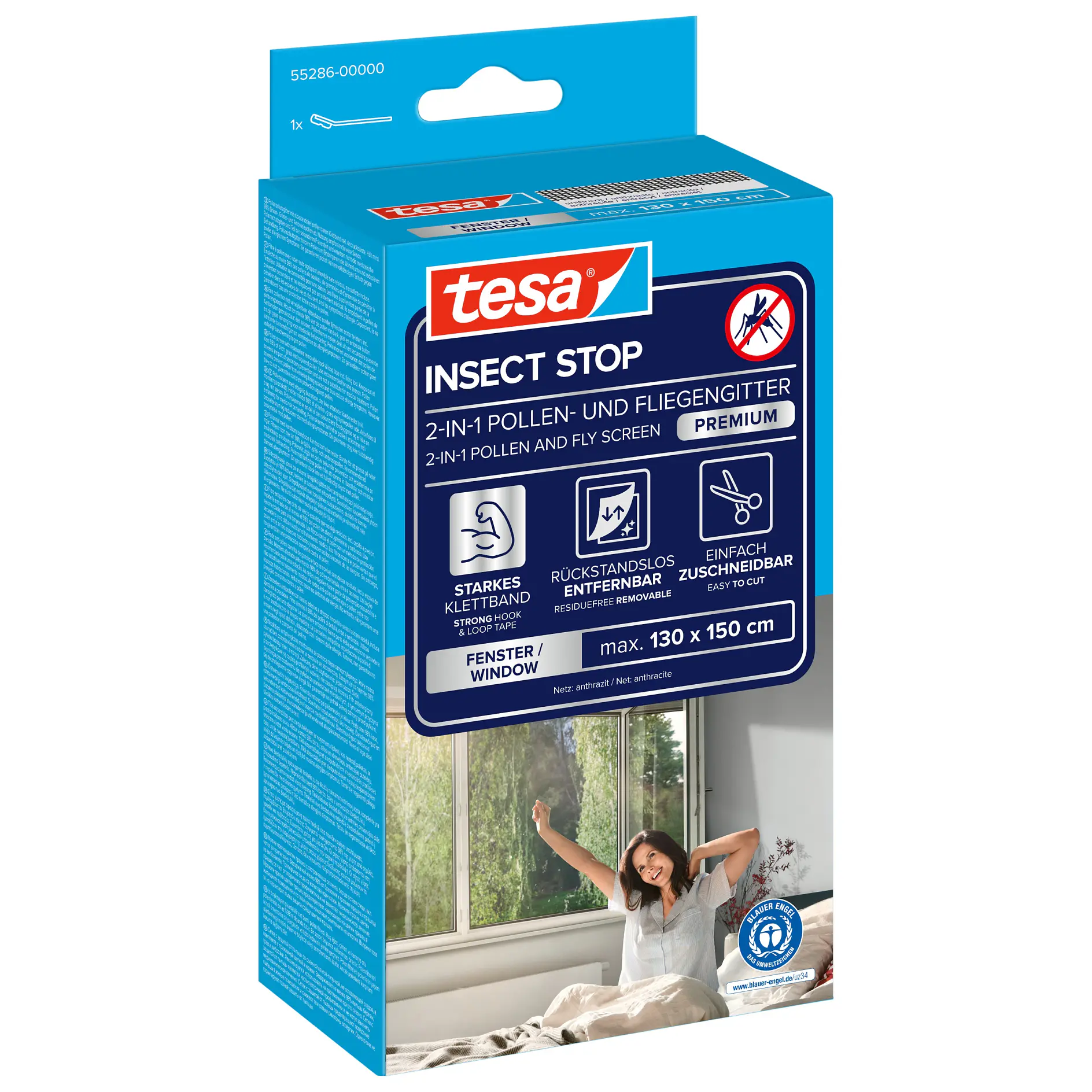 tesa insect stop 2-in-1 pollen and fly screen filter packaging showing a woman opening a window in a bright indoor setting (This text has been generated by AI)