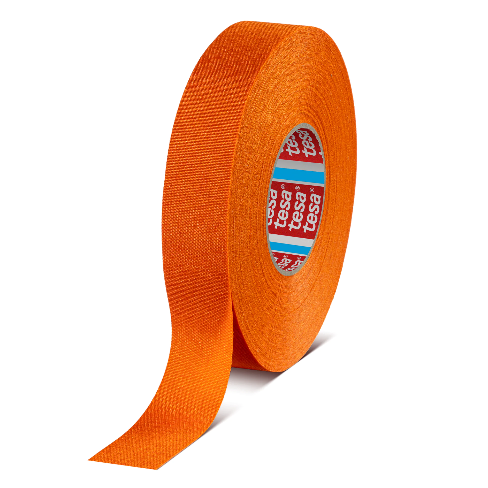 orange tesa tape roll with one end partially unrolled on white background, isolated product shot (This text has been generated by AI)