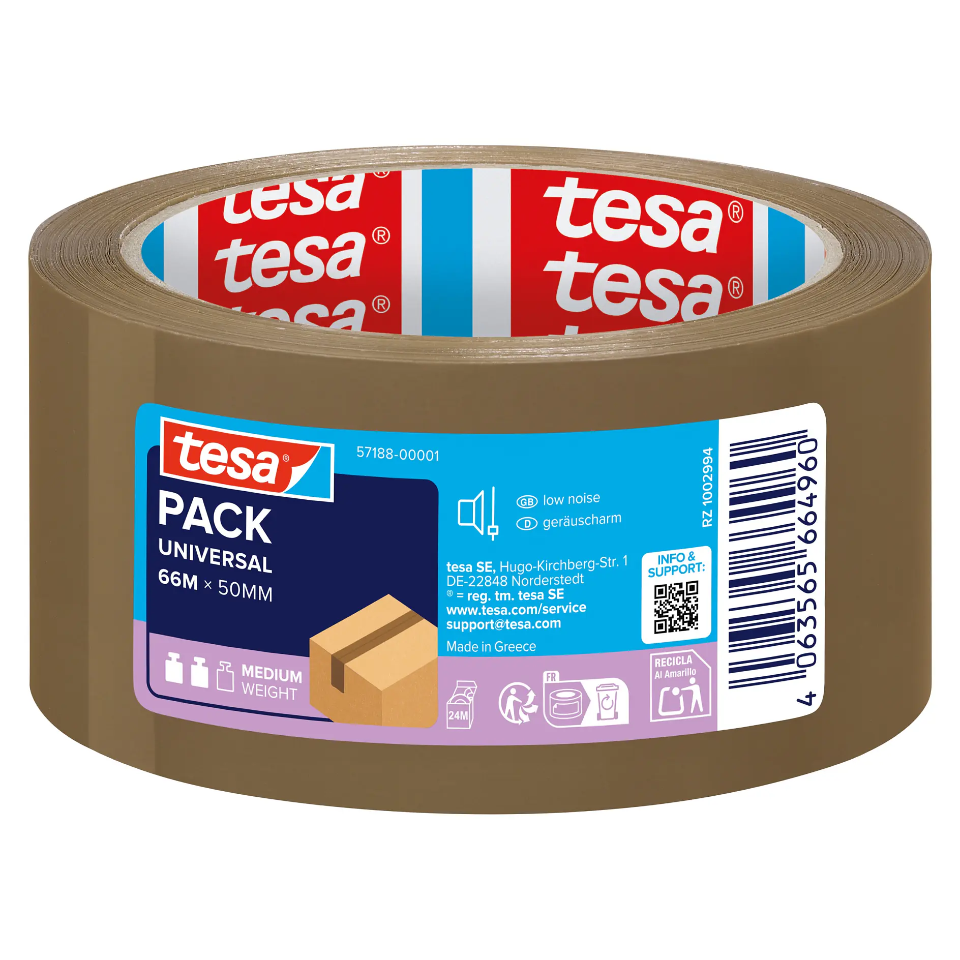 brown tesa packing tape roll with blue and purple label, showing brand name and product details, isolated on white background (This text has been generated by AI)