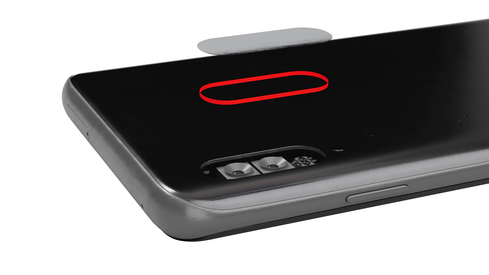 czarny smartfon leżący ekranem do dołu na białej powierzchni z podwójnymi tylnymi aparatami i czerwonym owalnym obrysem blisko górnej krawędzi tesa (This text has been generated by AI)