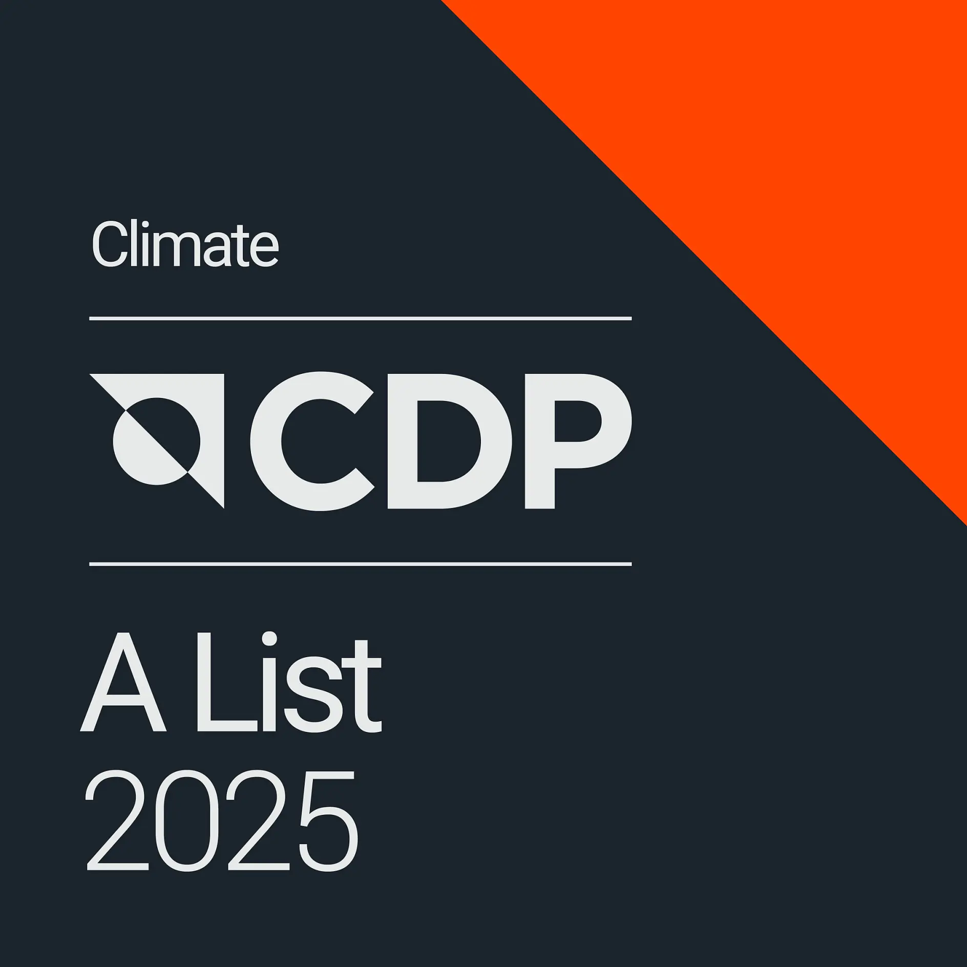 Odznaka CDP Climate A List 2025 z białym tekstem na ciemnym tle i pomarańczowym akcentem, wyróżniająca przywództwo w działaniach korporacyjnych na rzecz klimatu oraz przejrzystość środowiskową dzięki corocznej ocenie CDP