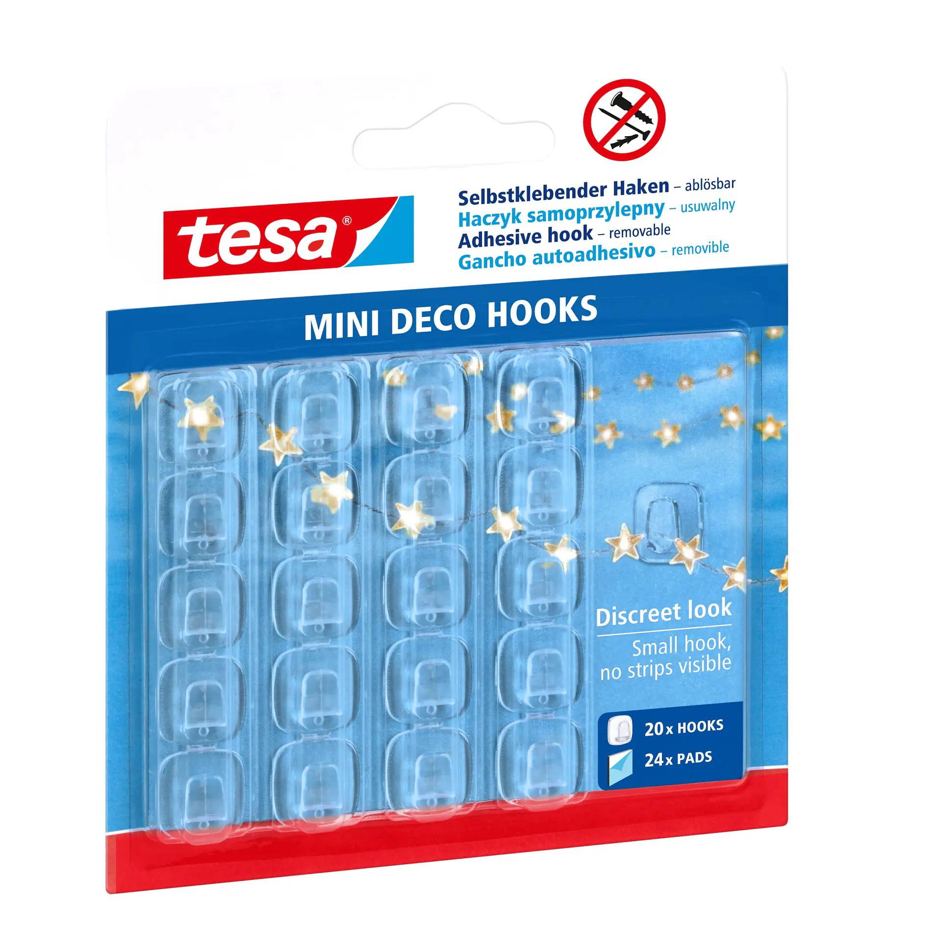 tesa mini deco hooks package showing 28 clear self-adhesive hooks with a starry design on a blue backing card (This text has been generated by AI)