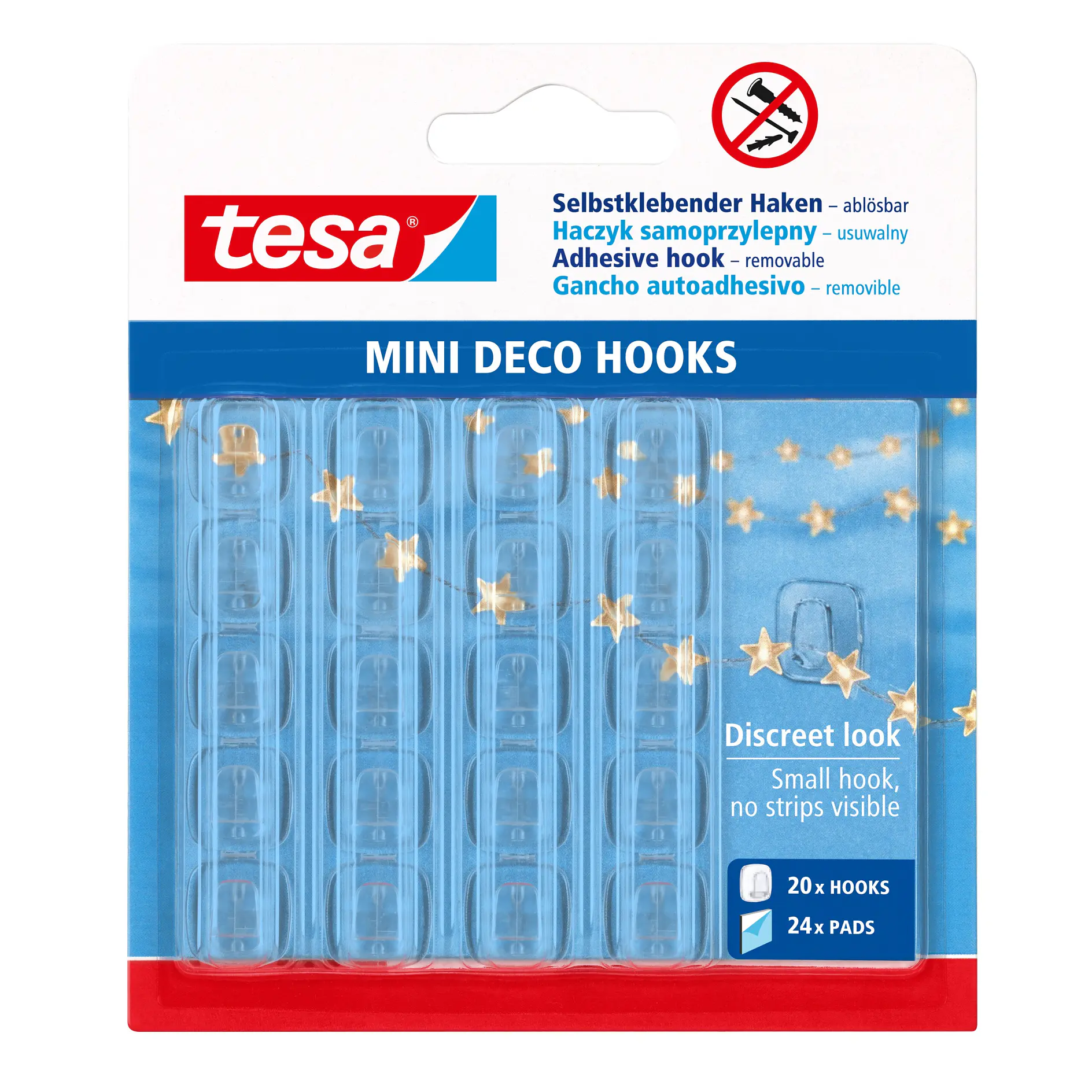 tesa mini deco hooks in clear plastic, 20 hooks in indoor retail packaging with multilingual labels and usage icons (This text has been generated by AI)