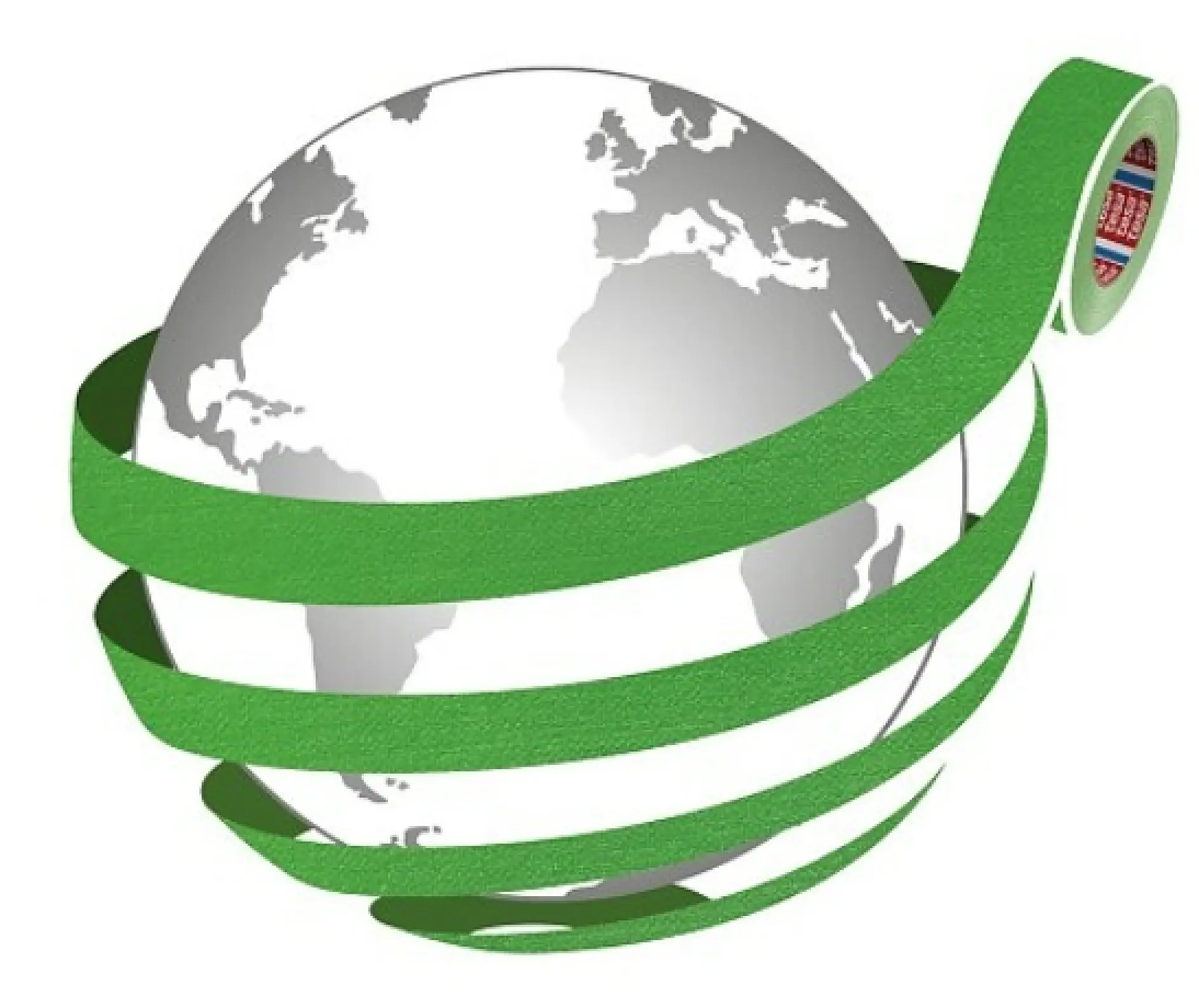 A roll of green tesa tape wraps around a globe.