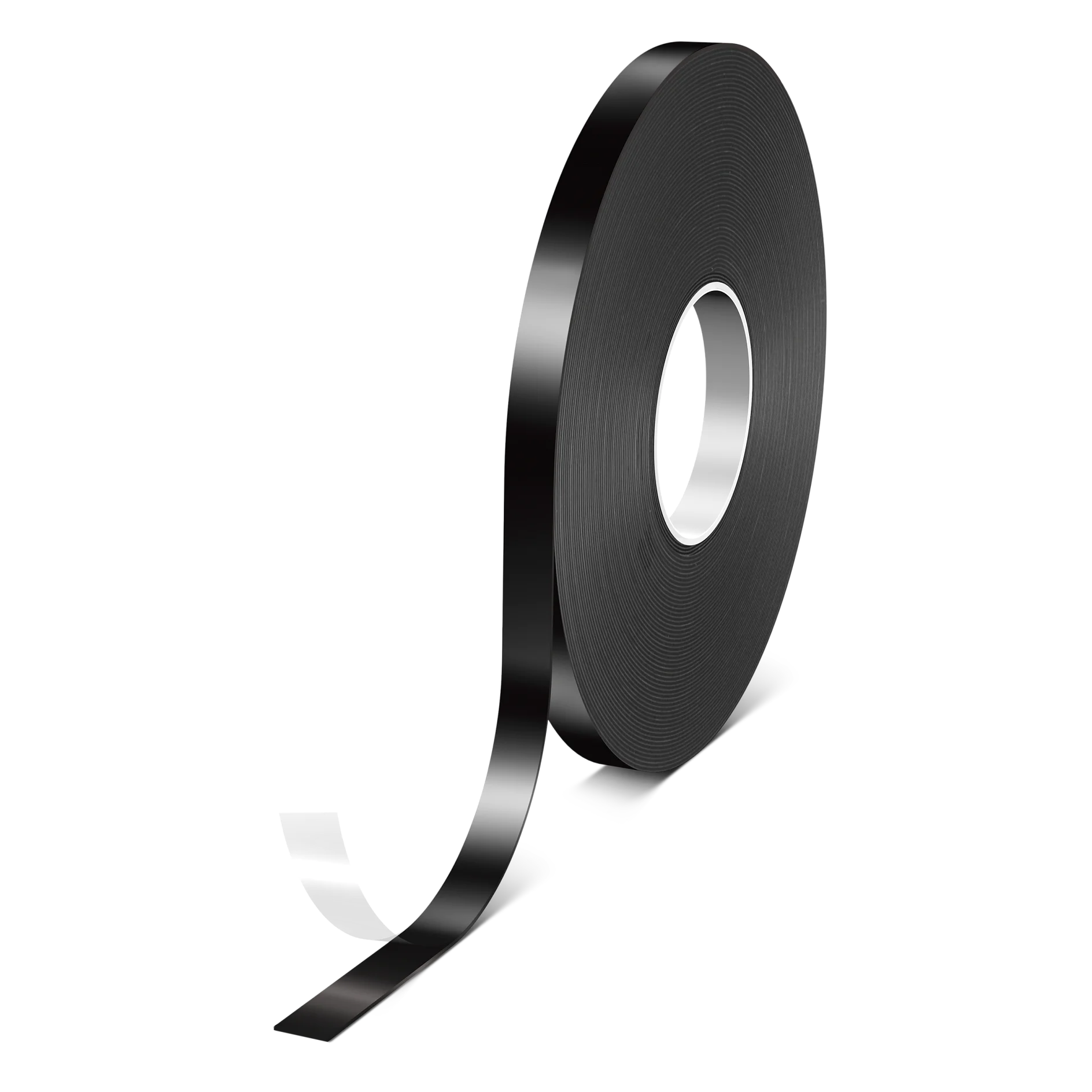 tesa® Hip Um grande rolo de fita adesiva preta tesa parcialmente desenrolada, em pé com um núcleo interno metálico. A ponta da fita tesa está se enrolando para longe do rolo, mostrando o lado adesivo. (This text has been generated by AI)