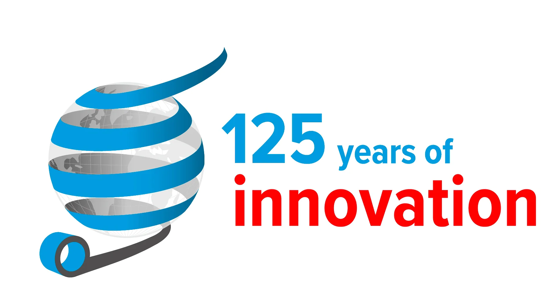A blue and gray globe wrapped in a tesa tape ribbon is on the left. To the right, the text reads 125 years of innovation with 125 years of in blue and innovation in red, against a white background. (This text has been generated by AI)