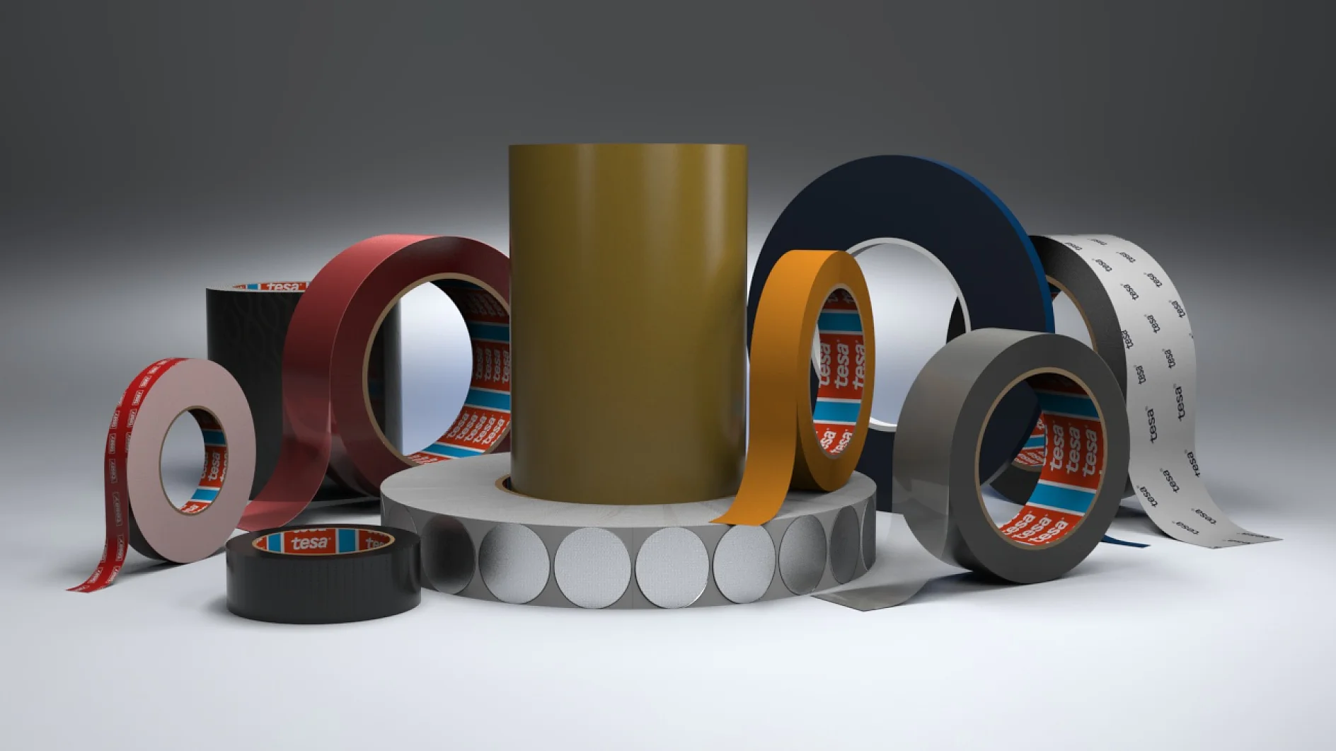 A variety of adhesive tesa tape rolls are displayed, including red, green, black, orange, blue, and white colored tesa tapes. Some rolls stand upright, while others lie flat. Circular, white stickers are also arranged among the tesa tapes. (This text has been generated by AI)