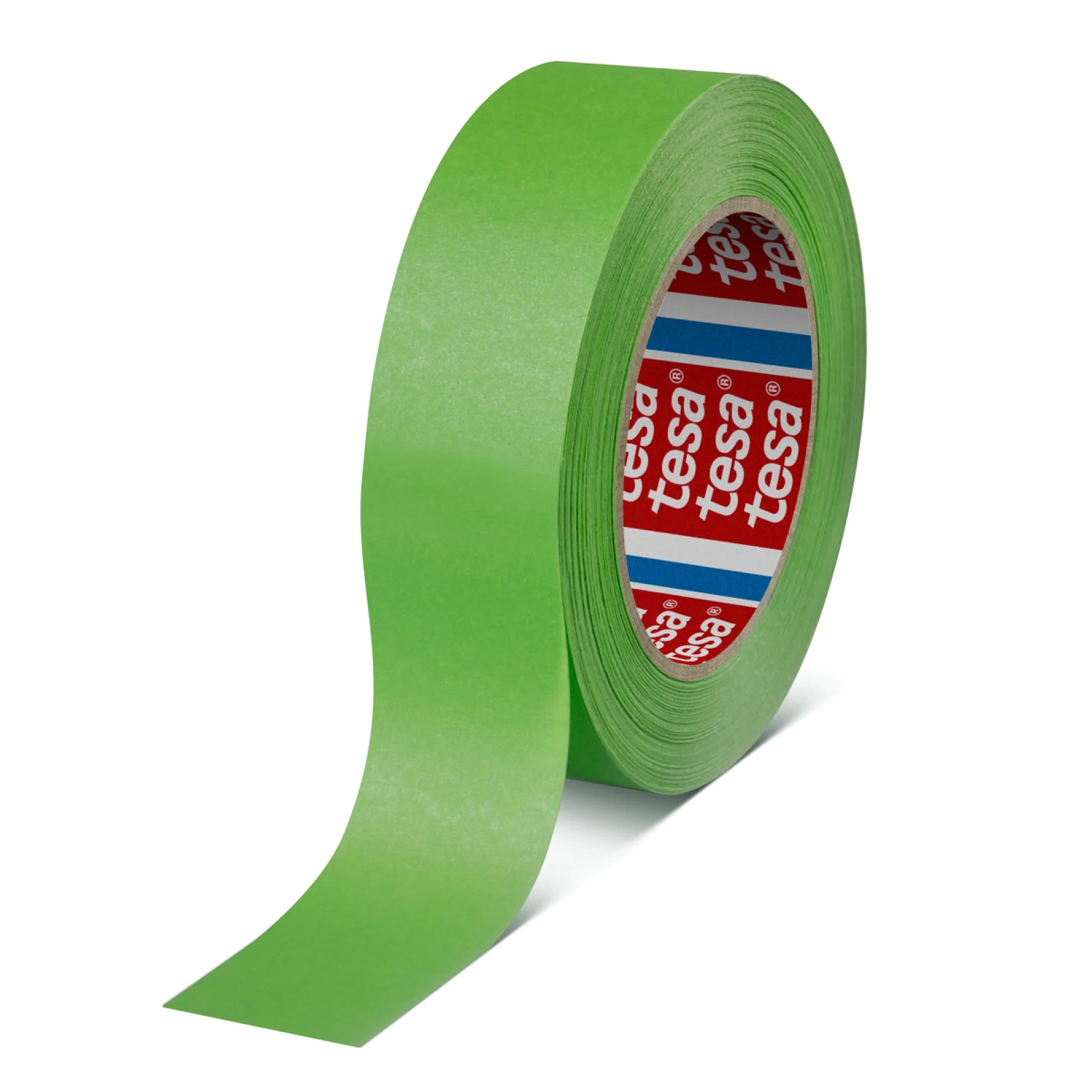 Um rolo de fita adesiva tesa verde com o nome da marca tesa visível no miolo interno. A fita tesa está parcialmente desenrolada, exibindo uma superfície lisa e cor vibrante. (This text has been generated by AI)