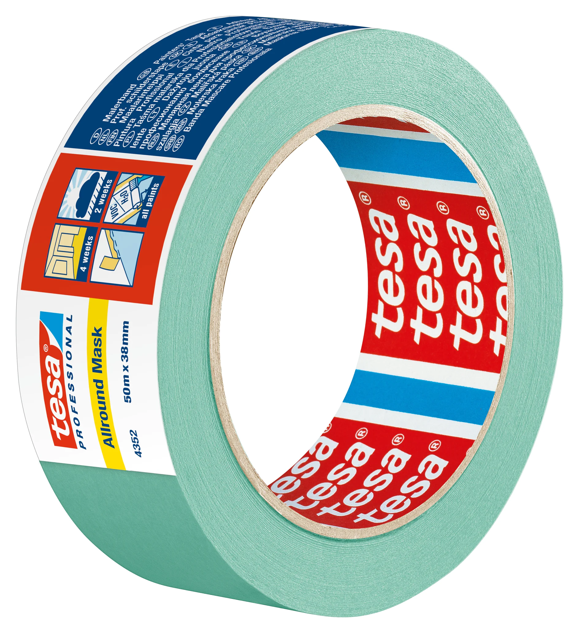 Um rolo de fita adesiva tesa é mostrado. A fita tesa é de cor verde claro, com etiquetas de embalagem com instruções e logotipos de marca. As dimensões 50m x 38mm são visíveis na embalagem. (This text has been generated by AI)