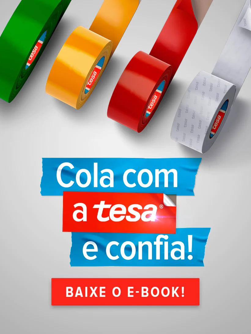 Uma seleção de quatro fitas adesivas coloridas da tesa — verde, amarela, vermelha e branca — é exibida. O texto diz Cola com a tesa e confia! BAIXE O E-BOOK! com o logotipo da tesa em destaque no topo e nas fitas da tesa. (This text has been generated by AI)