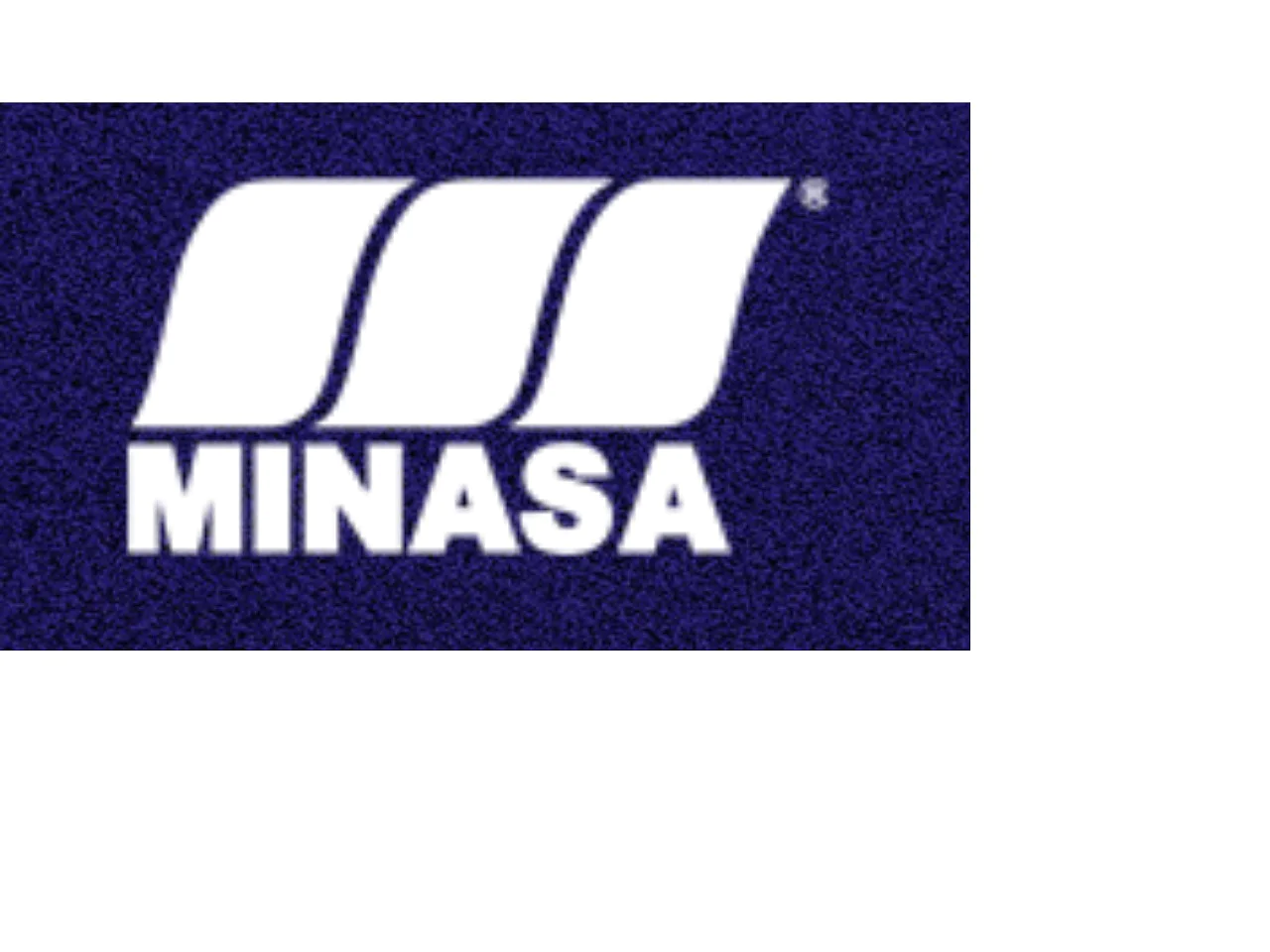 A imagem exibe um logotipo em um fundo azul texturizado. Ele apresenta três formas brancas, curvas e sobrepostas acima do texto MINASA em letras brancas em negrito. Um pequeno símbolo de marca registrada está localizado no canto superior direito das formas. (This text has been generated by AI)