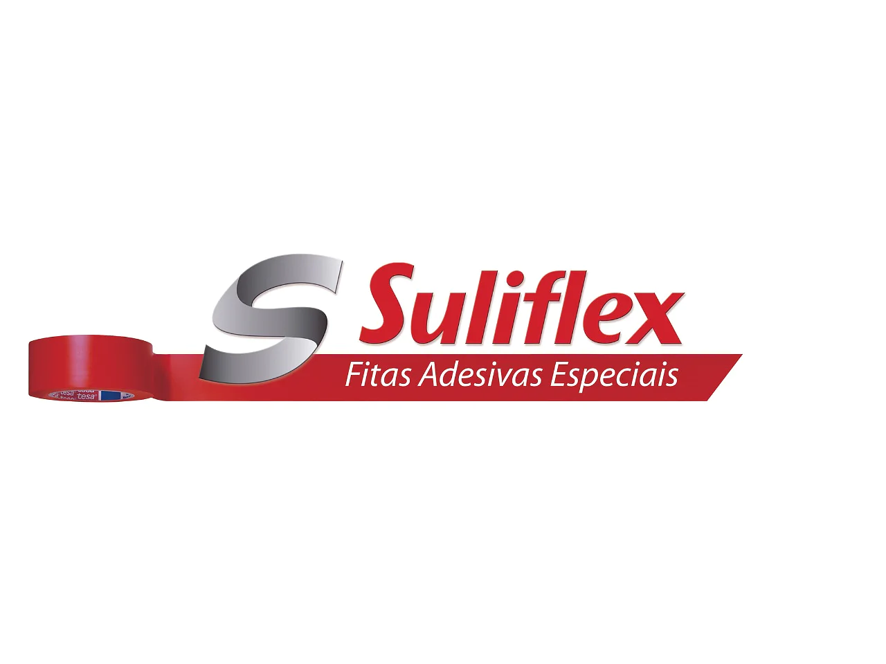 Logotipo da Suliflex com um rolo vermelho de fita tesa desenrolando-se para formar a letra S. O texto Suliflex está em vermelho, seguido de Fitas Adesivas Especiais em letras brancas menores em uma faixa vermelha abaixo. (This text has been generated by AI)