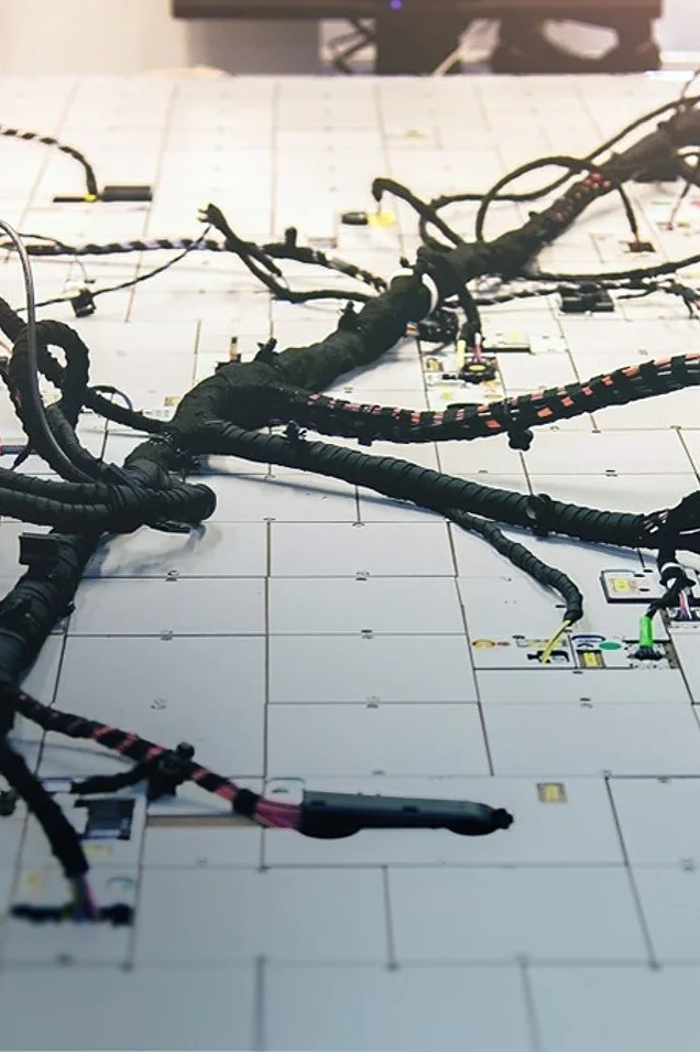 Two individuals work on a large, complex wiring harness spread out on a white grid-like surface. Their hands are adjusting and connecting the black cables, with various colored connectors visible. The background is slightly blurred, and they use tesa tape to secure the wires in place. (This text has been generated by AI)