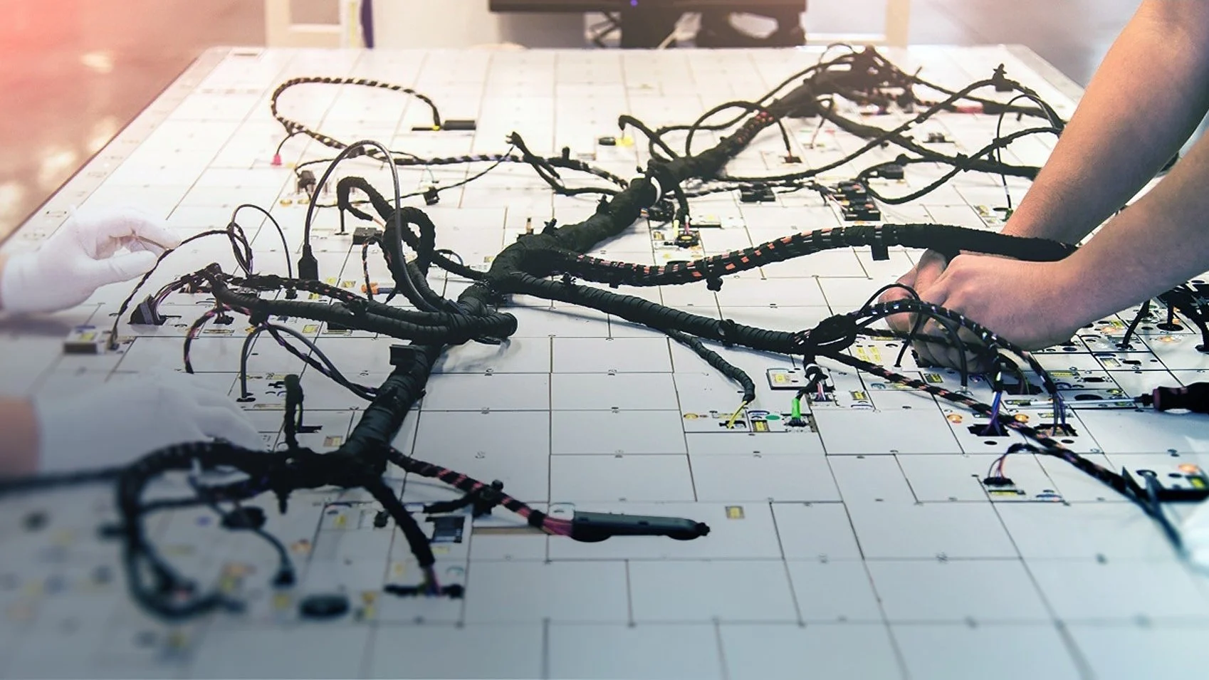 Dois indivíduos trabalham em um grande e complexo chicote de fios espalhado sobre uma superfície branca com padrão de grade. Suas mãos ajustam e conectam os cabos pretos, com vários conectores coloridos visíveis. O fundo está levemente desfocado, e eles usam fita tesa para fixar os fios no lugar. (This text has been generated by AI)