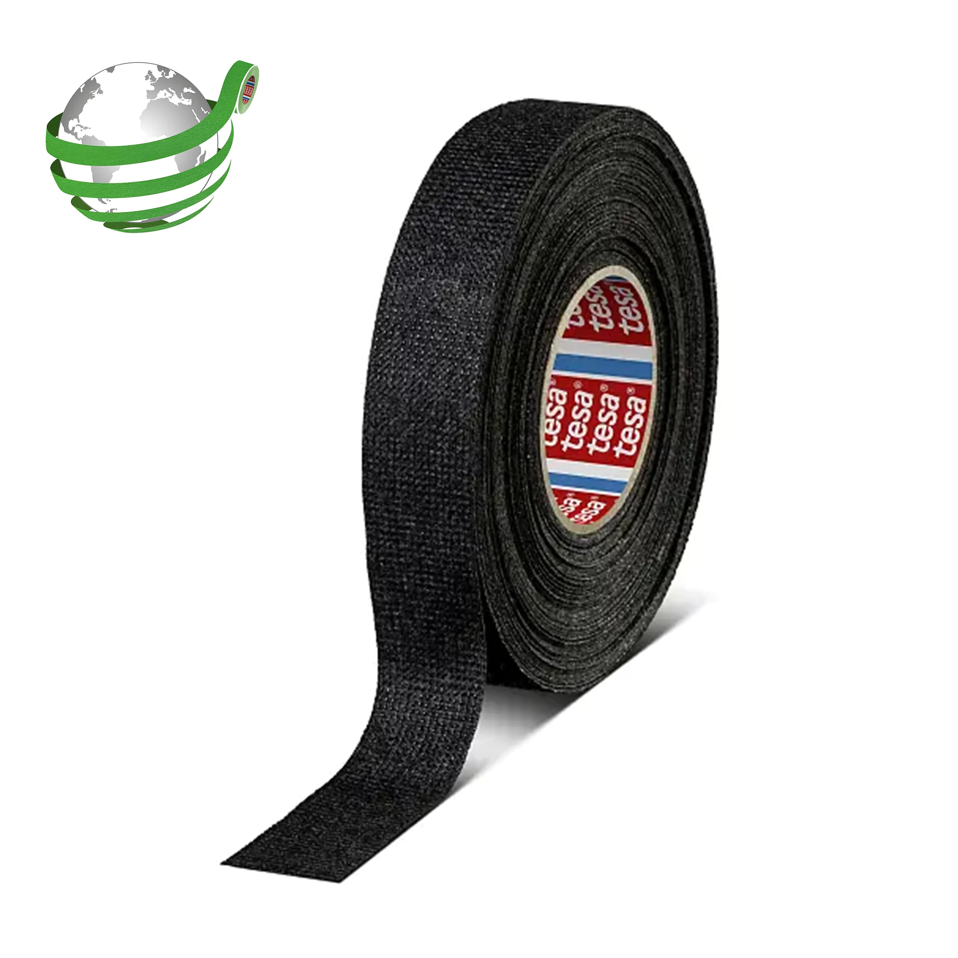 roll of black tesa adhesive tape with partially unrolled strip on white background, studio setting (This text has been generated by AI)