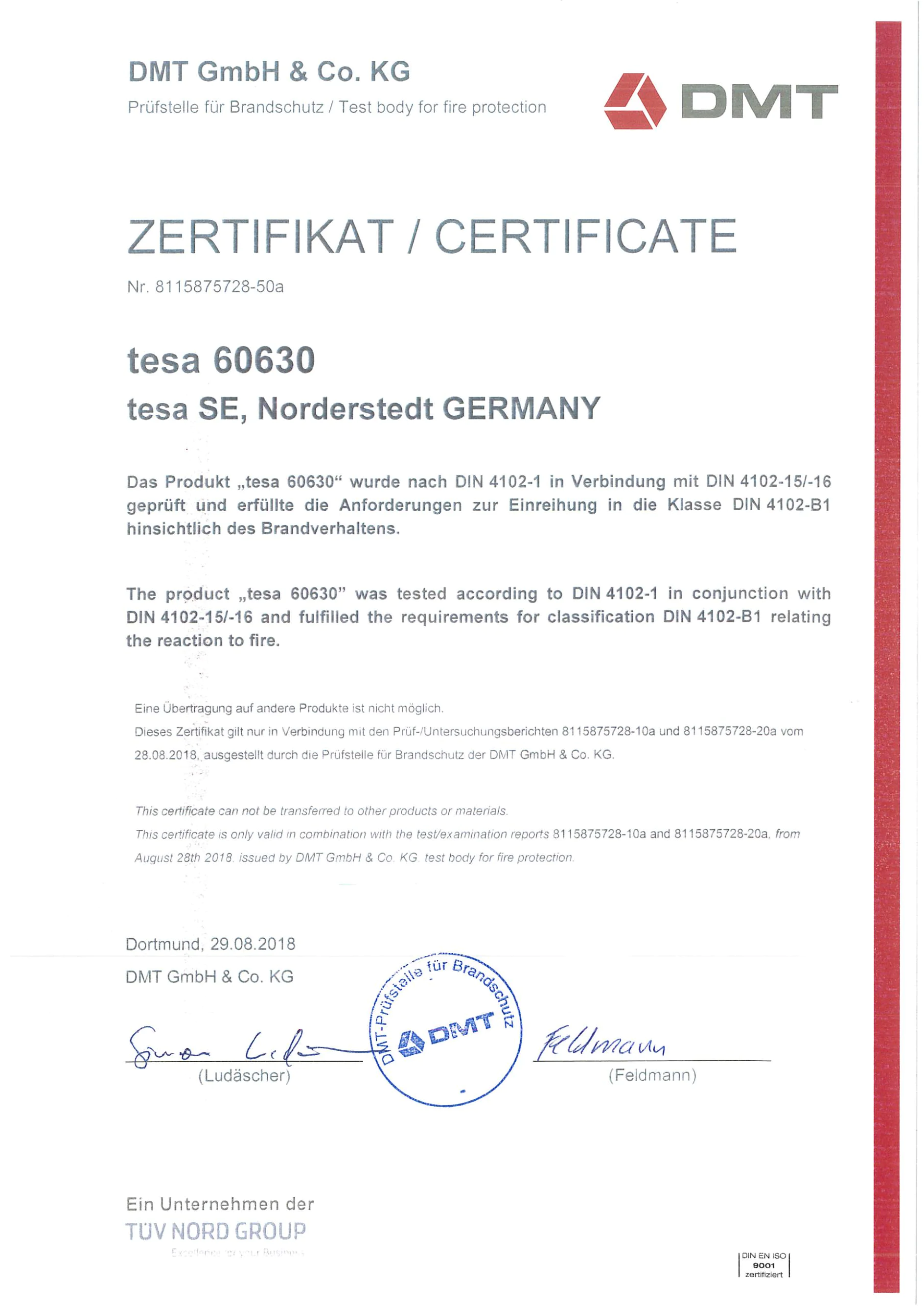 Certificate-DIN-4102-tesa-60630-aluminum-tape