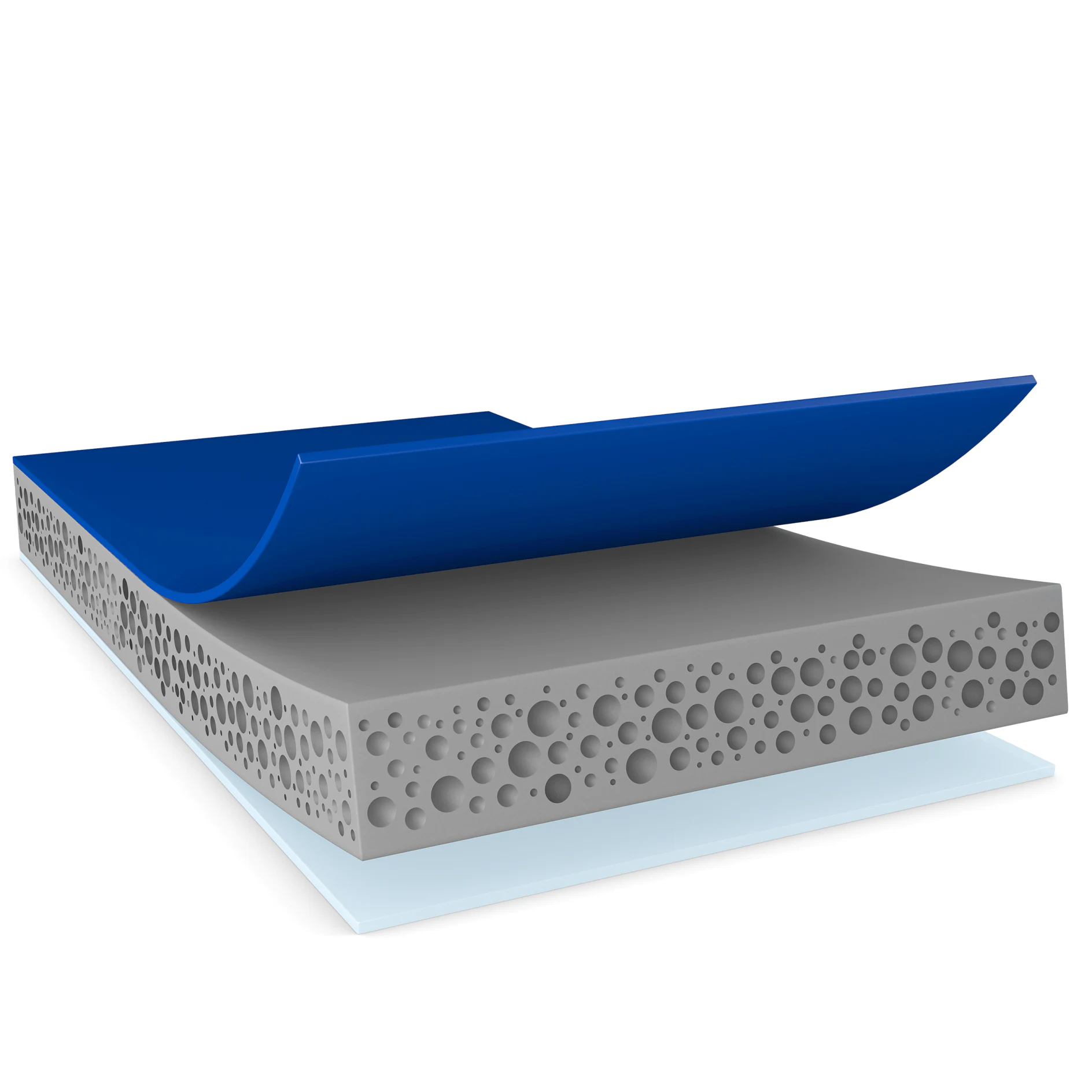 tesa adhesive tape with blue backing partially peeled off gray porous foam, isolated on white background (This text has been generated by AI)