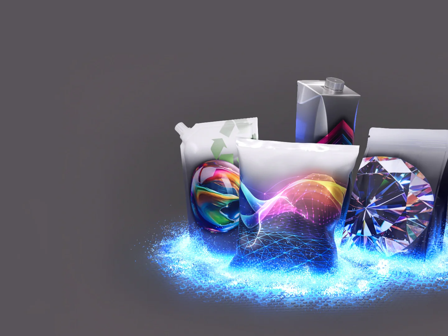 A collection of packaging designs on a dark background, featuring vibrant, colorful wave and geometric patterns. The packages are surrounded by a glowing blue aura, creating an eye-catching effect, using tesa tape to enhance the presentation. (This text has been generated by AI)