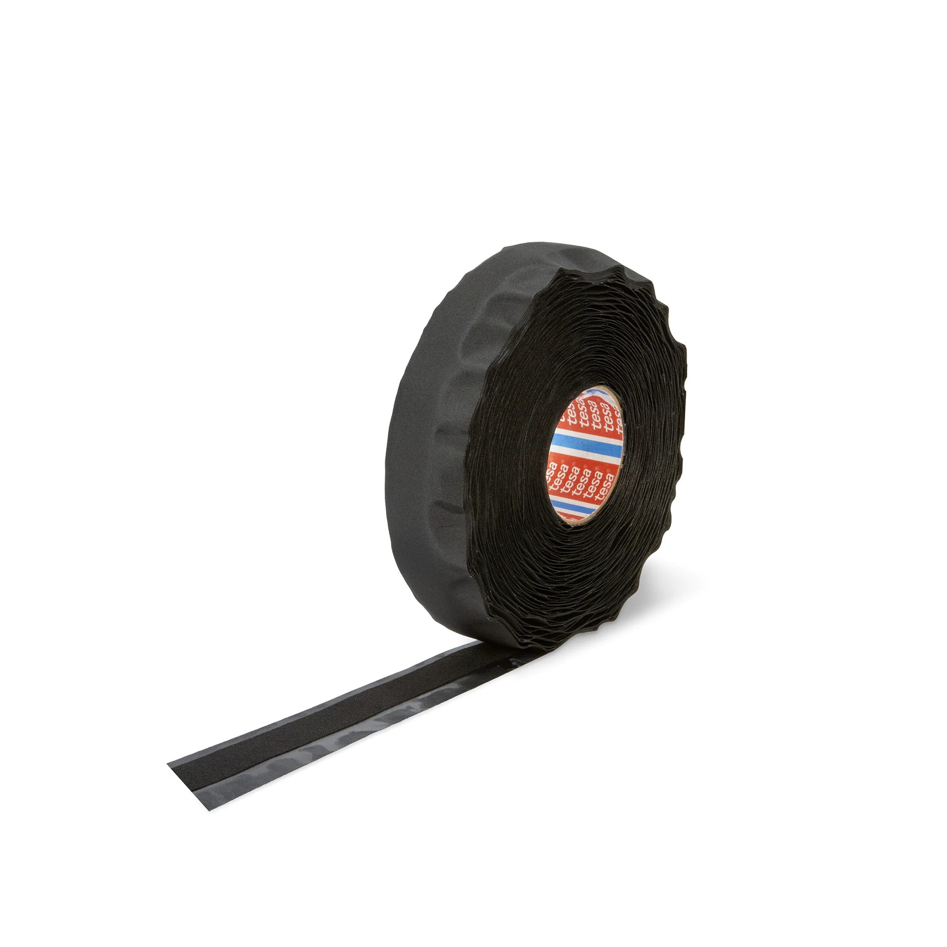 tesa black adhesive tape roll with a strip extended on a white background, isolated studio setting (This text has been generated by AI)