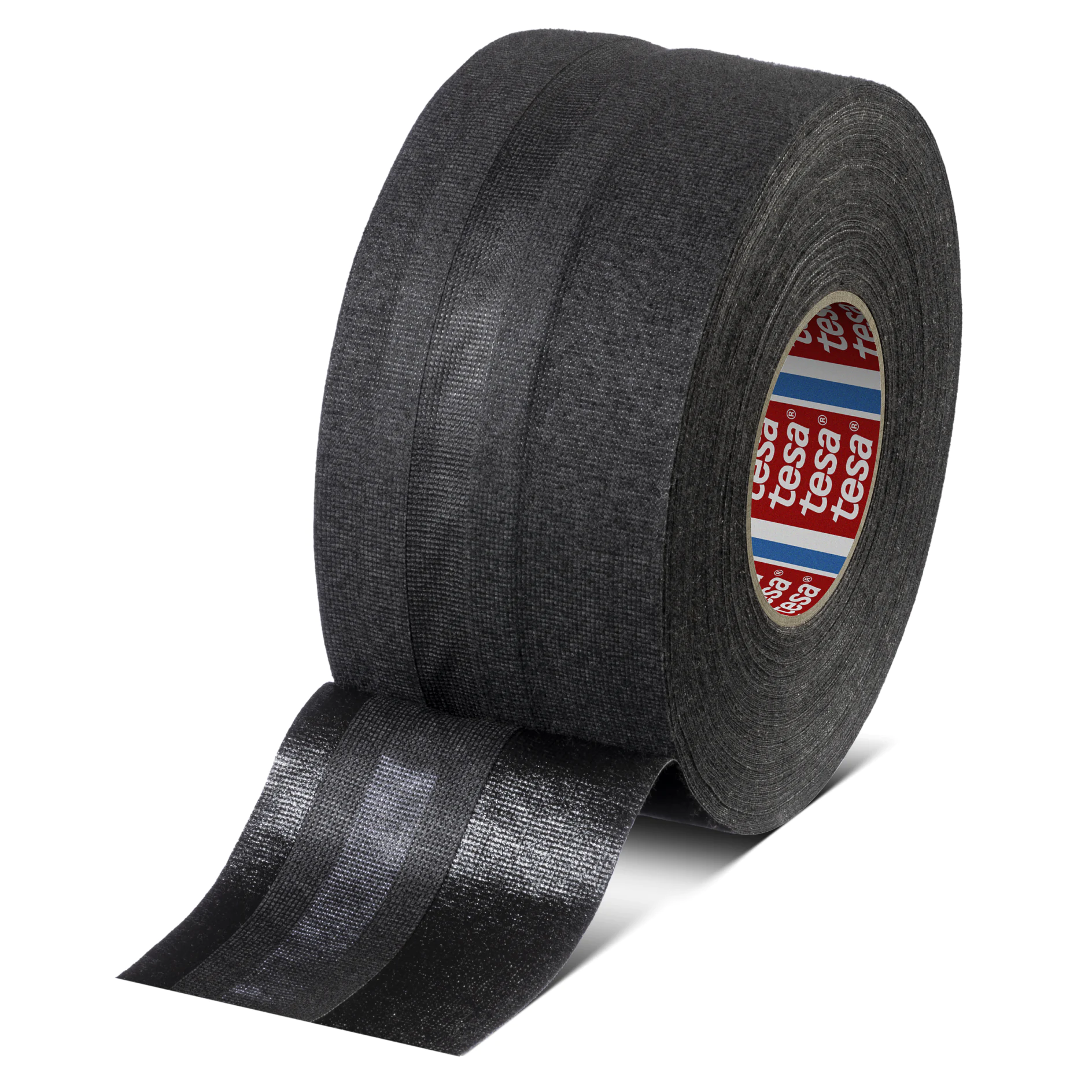 black tesa tape roll with partially unrolled strip on white background, studio setting (This text has been generated by AI)