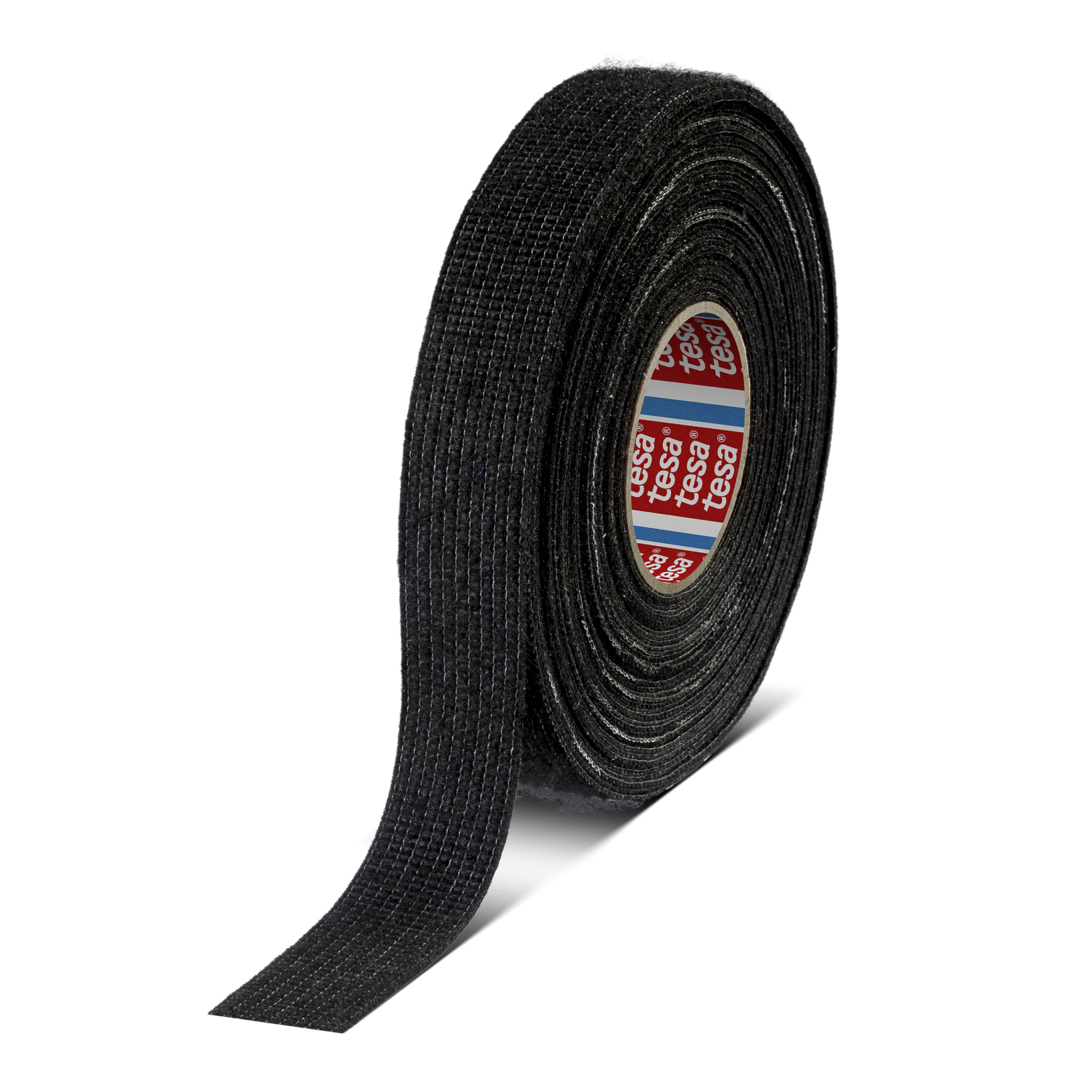 roll of black tesa adhesive tape standing upright on white background with one end slightly unrolled (This text has been generated by AI)