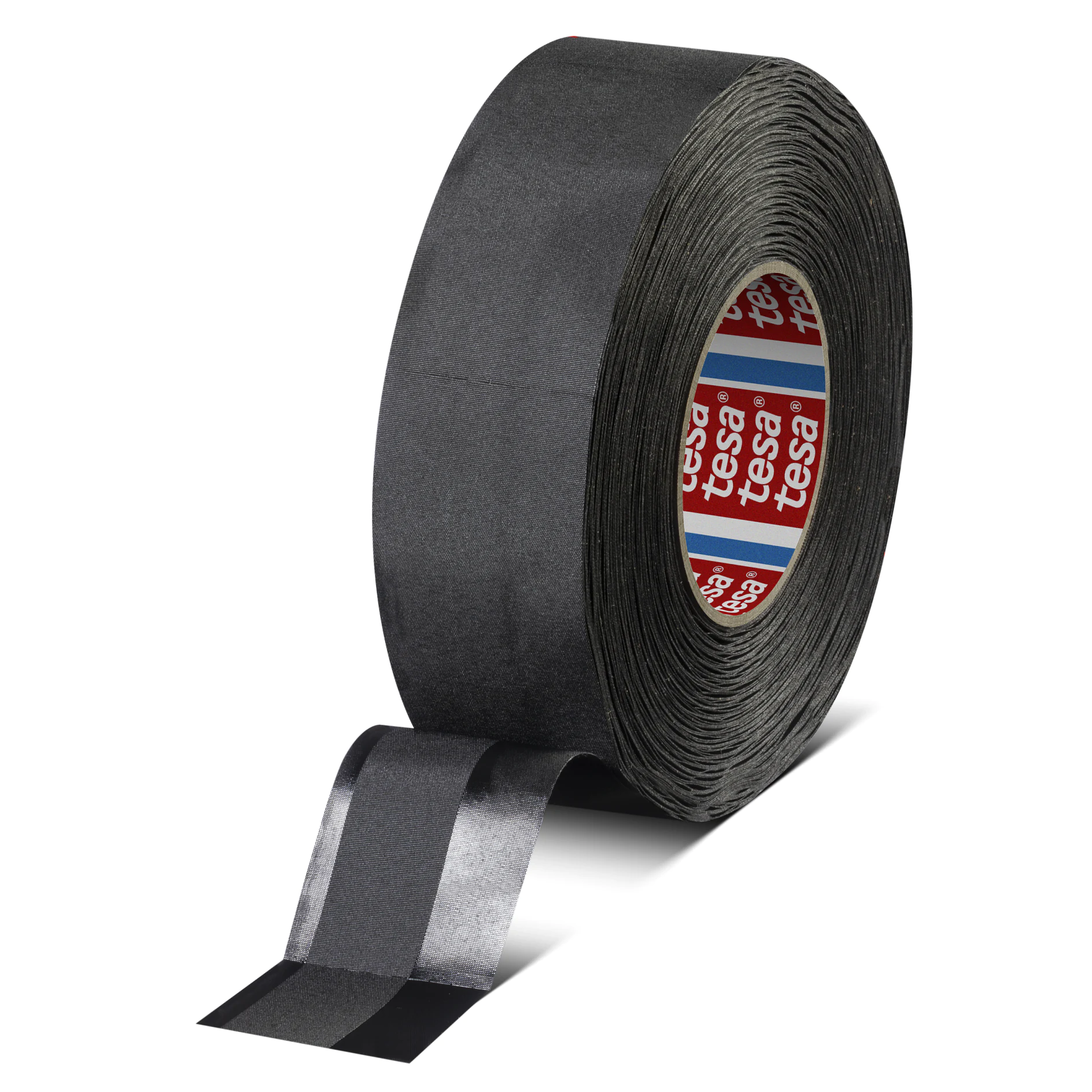 roll of black tesa adhesive tape with a partially unrolled strip on a white background (This text has been generated by AI)