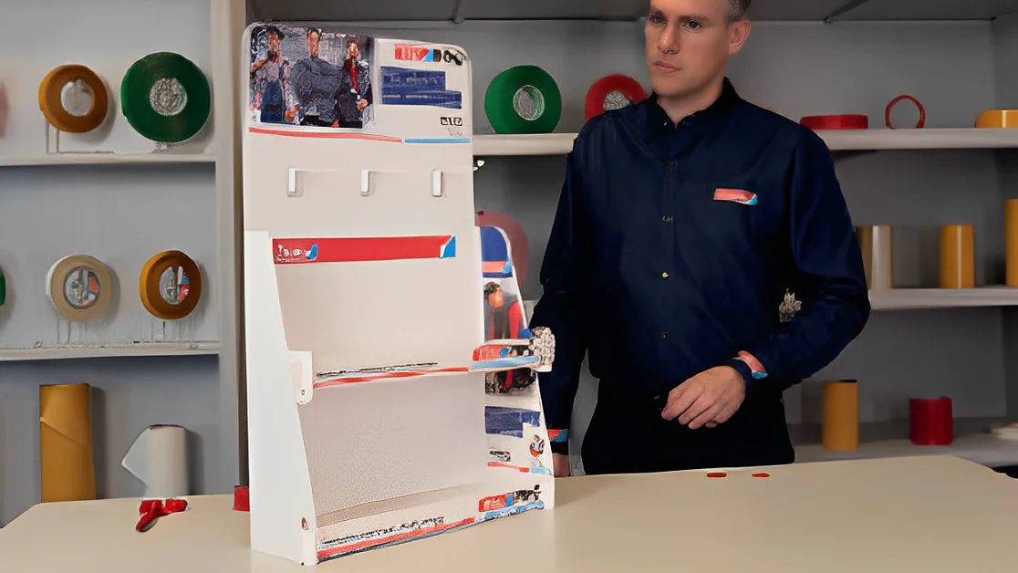 Uma pessoa está atrás de um balcão, montando um display branco de ponto de venda com imagens coloridas. Prateleiras com vários rolos de fita tesa e papel estão ao fundo. A pessoa veste uma camisa azul escura com um crachá visível. (This text has been generated by AI)