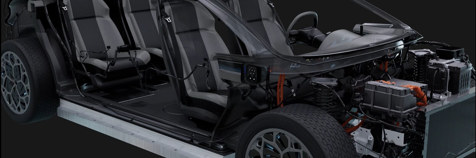 Um modelo de carro transparente exibindo seus componentes internos e mecânicos, incluindo assentos, painel e peças do motor. O veículo é mostrado sem painéis externos, e o logotipo da fita tesa é visível no canto superior direito. (This text has been generated by AI)