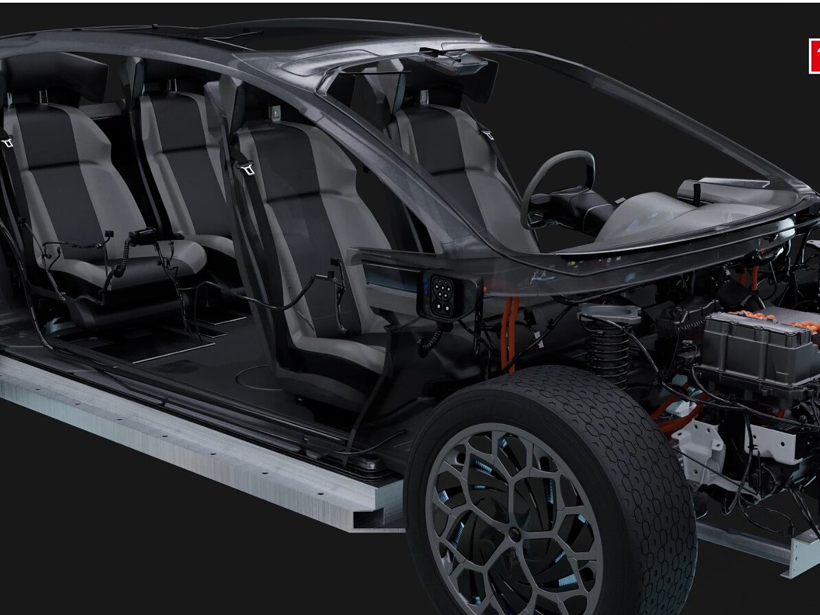 Um modelo de carro transparente exibindo seus componentes internos e mecânicos, incluindo assentos, painel e peças do motor. O veículo é mostrado sem painéis externos, e o logotipo da fita tesa é visível no canto superior direito. (This text has been generated by AI)