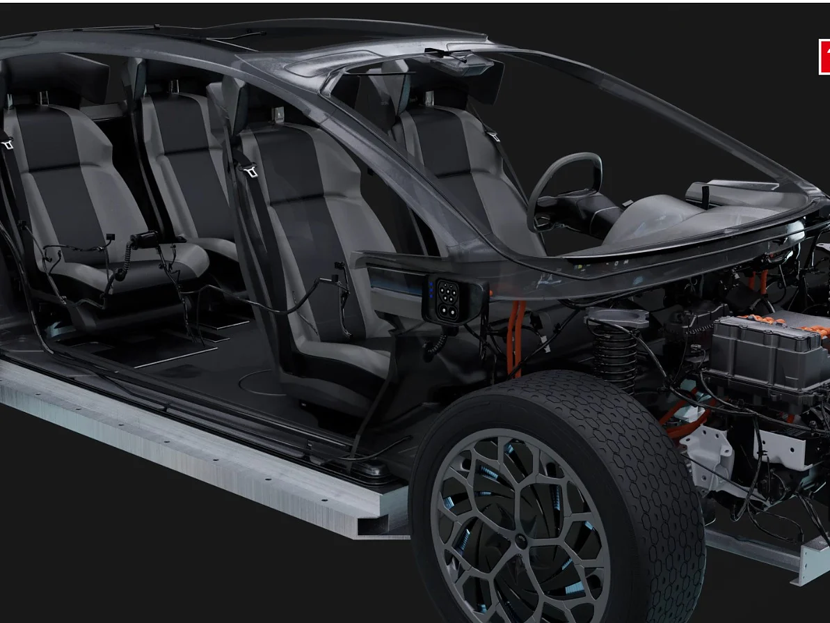 Um modelo de carro transparente exibindo seus componentes internos e mecânicos, incluindo assentos, painel e peças do motor. O veículo é mostrado sem painéis externos, e o logotipo da fita tesa é visível no canto superior direito. (This text has been generated by AI)