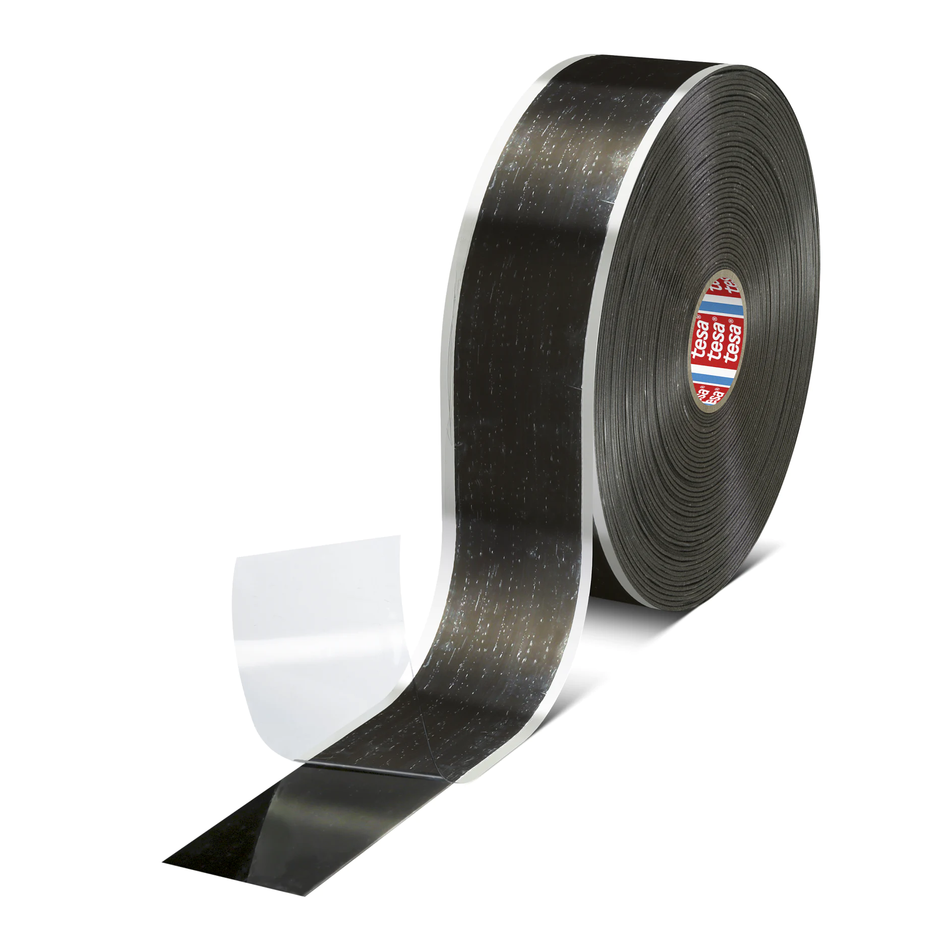 roll of black tesa adhesive tape with partially peeled backing on white background (This text has been generated by AI)