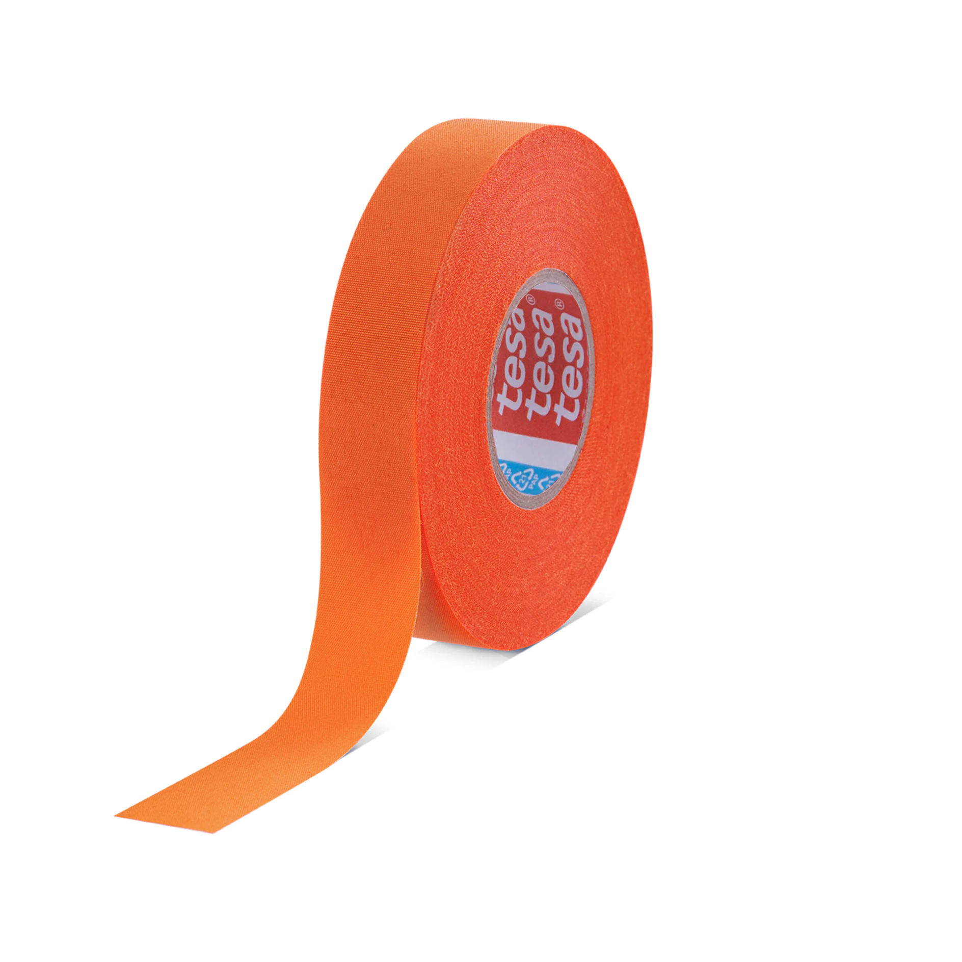roll of orange tesa adhesive tape partially unrolled on white background (This text has been generated by AI)