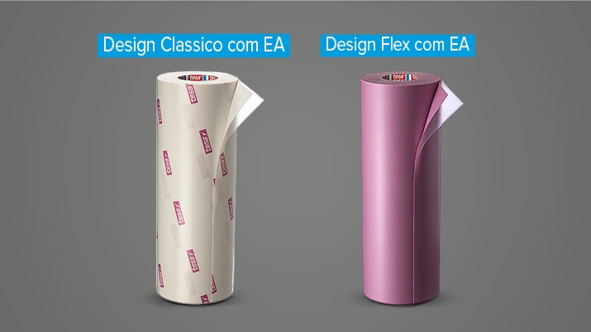 Dois grandes rolos de material são mostrados contra um fundo cinza. O rolo da esquerda é rotulado como Design Classico com EA e é enrolado em fita tesa bege. O rolo da direita é rotulado como Design Flex com EA e é enrolado em fita tesa roxa. (This text has been generated by AI)