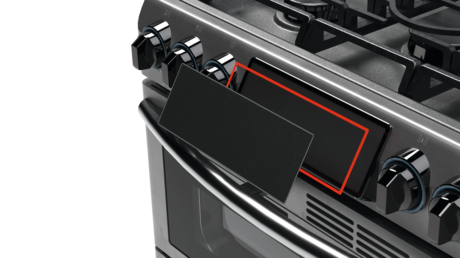 tesa black magnetic oven door cover attached to a stainless steel gas stove in a kitchen setting (This text has been generated by AI)