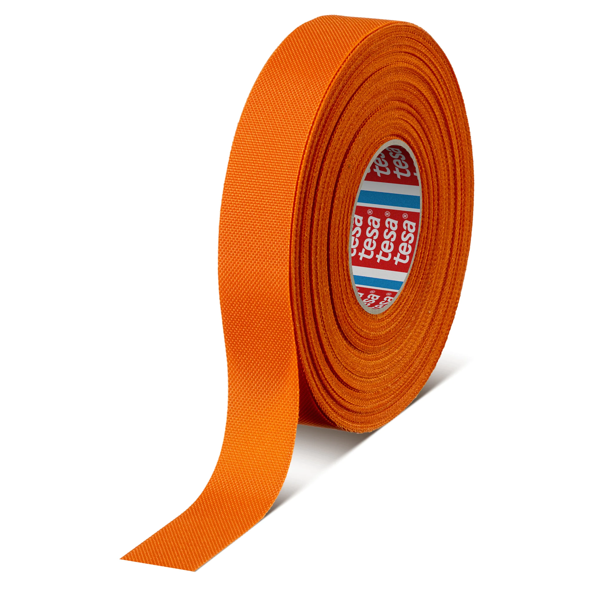 roll of orange tesa adhesive tape with a partially unrolled strip on a white background (This text has been generated by AI)