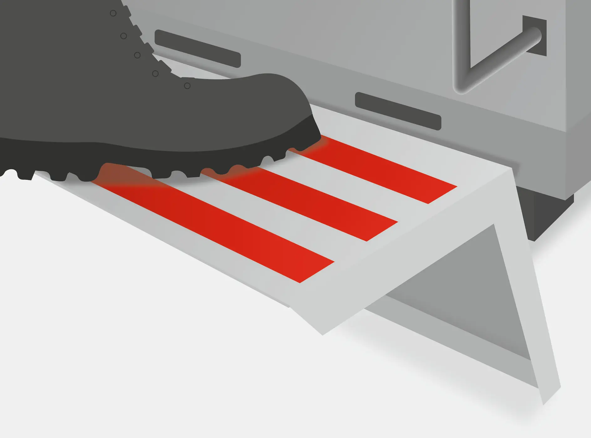 tesa red adhesive tape strips applied to a gray door edge with a person’s foot stepping nearby in an indoor setting (This text has been generated by AI)