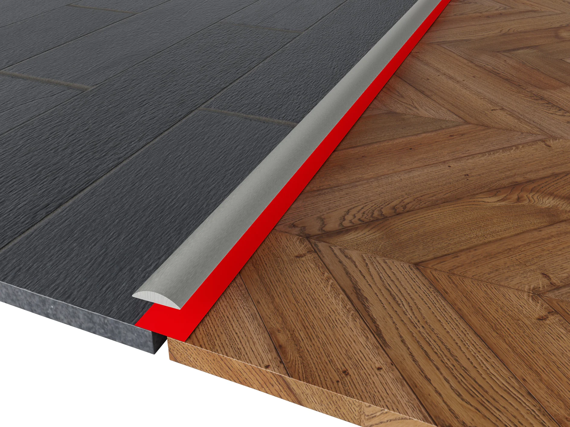 tesa floor transition strip connecting dark tile and wood parquet flooring in indoor setting (This text has been generated by AI)