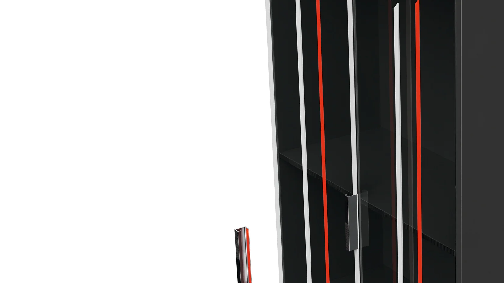 black tall cabinet with transparent glass door and red outline, shown in a 3D rendering on a white background (This text has been generated by AI)