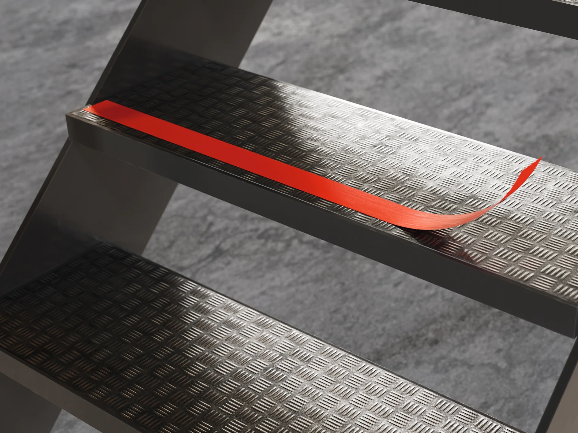 metal ladder steps with textured surface and a red tesa tape strip applied on one step indoors (This text has been generated by AI)