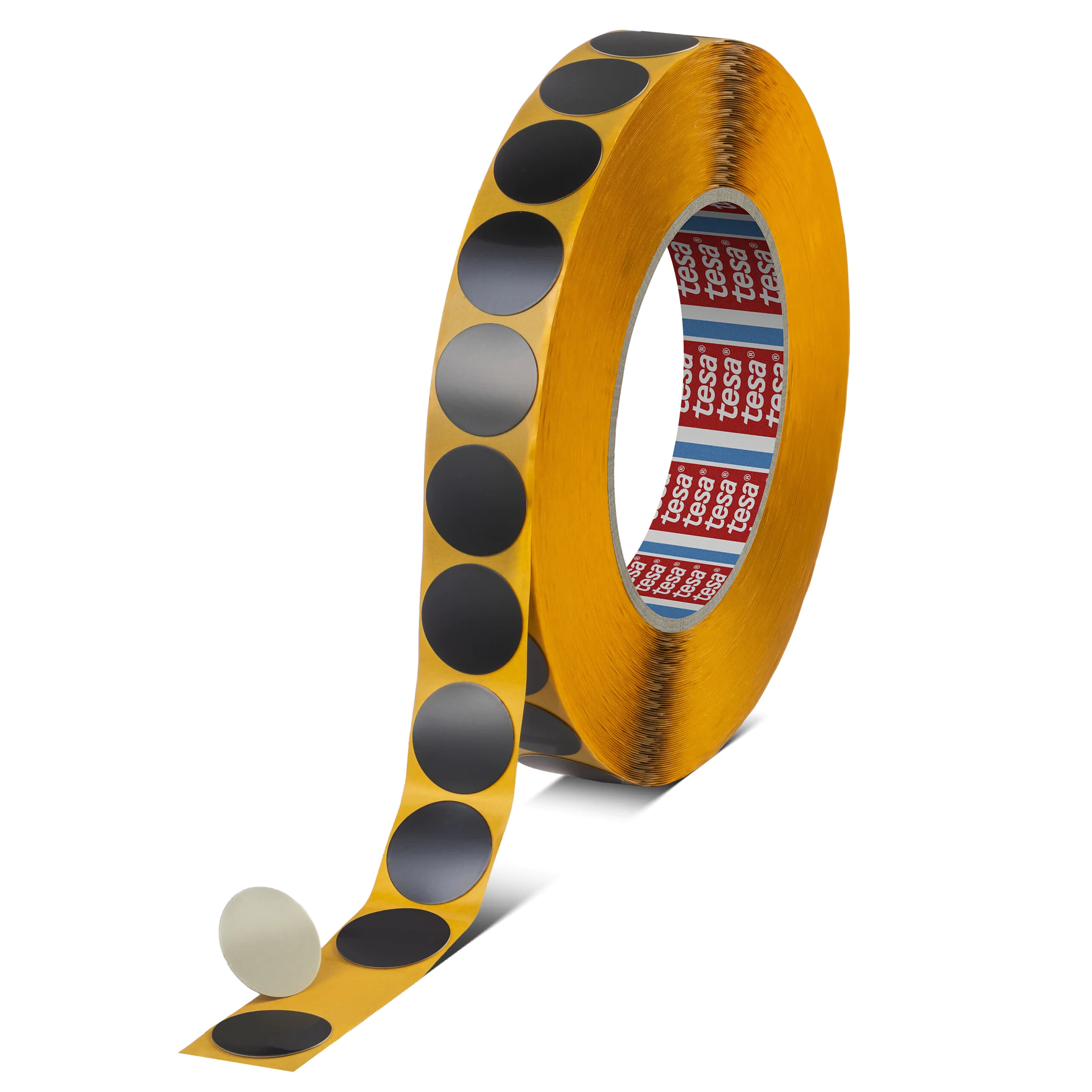 roll of tesa adhesive dots tape with black circular stickers on orange backing, isolated on white background (This text has been generated by AI)