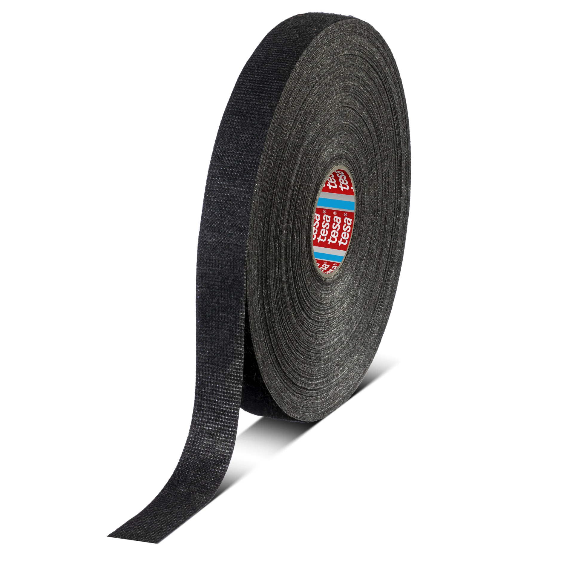 roll of black tesa adhesive tape standing upright on white background with one end partially unrolled (This text has been generated by AI)