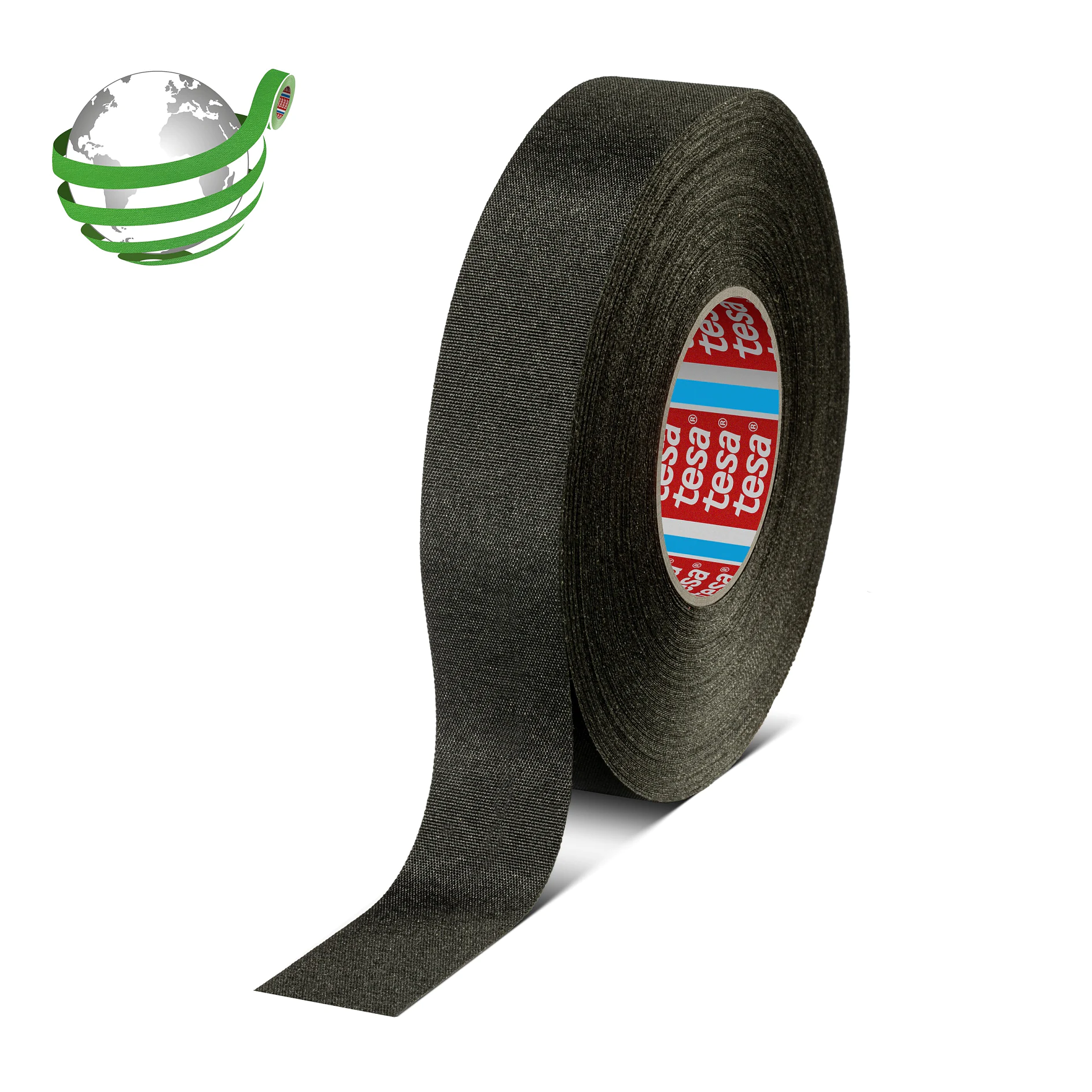 roll of black tesa adhesive tape standing upright on white background, with tape partially unrolled and globe logo in top left corner (This text has been generated by AI)