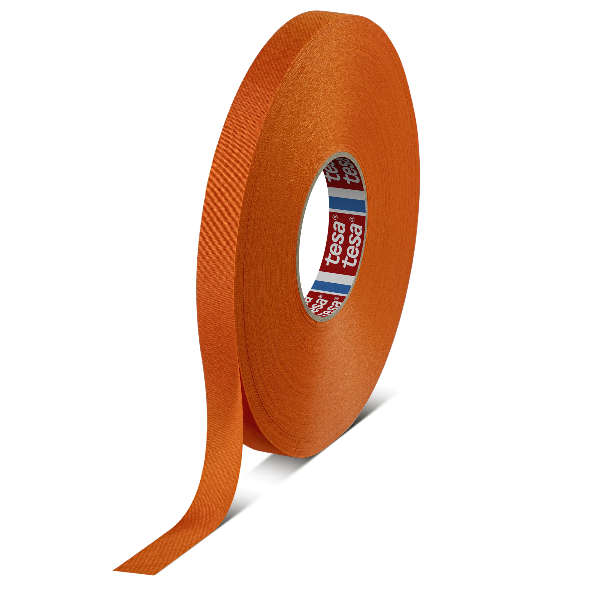 roll of orange tesa adhesive tape standing upright on white background with a loose end extending forward (This text has been generated by AI)