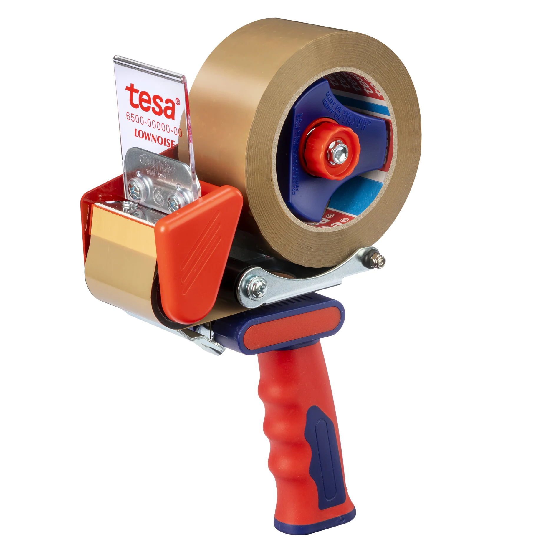Handheld tesa tape dispenser with brown packing tape roll, red and blue handle, set against a white background. (This text has been generated by AI)