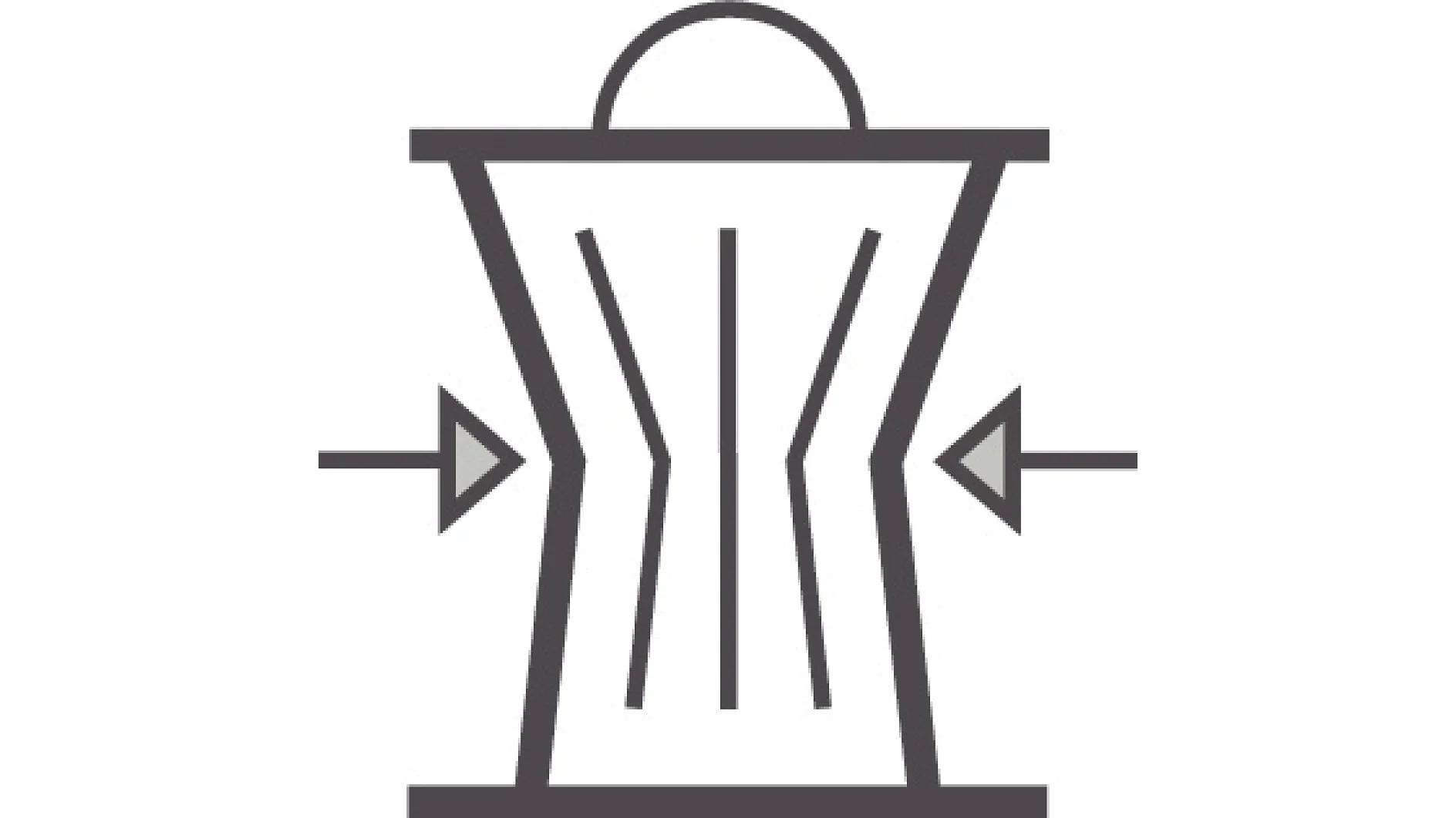 Ícone de uma lixeira com setas apontando para os seus lados, sugerindo compressão ou redução. O design é simples e monocromático. (This text has been generated by AI)