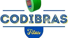 Um rolo verde de fita tesa é mostrado acima da palavra CODIBRAS em letras grandes azuis com detalhes em amarelo, e a palavra Fitas em letras amarelas em um semicírculo azul abaixo dela. (This text has been generated by AI)