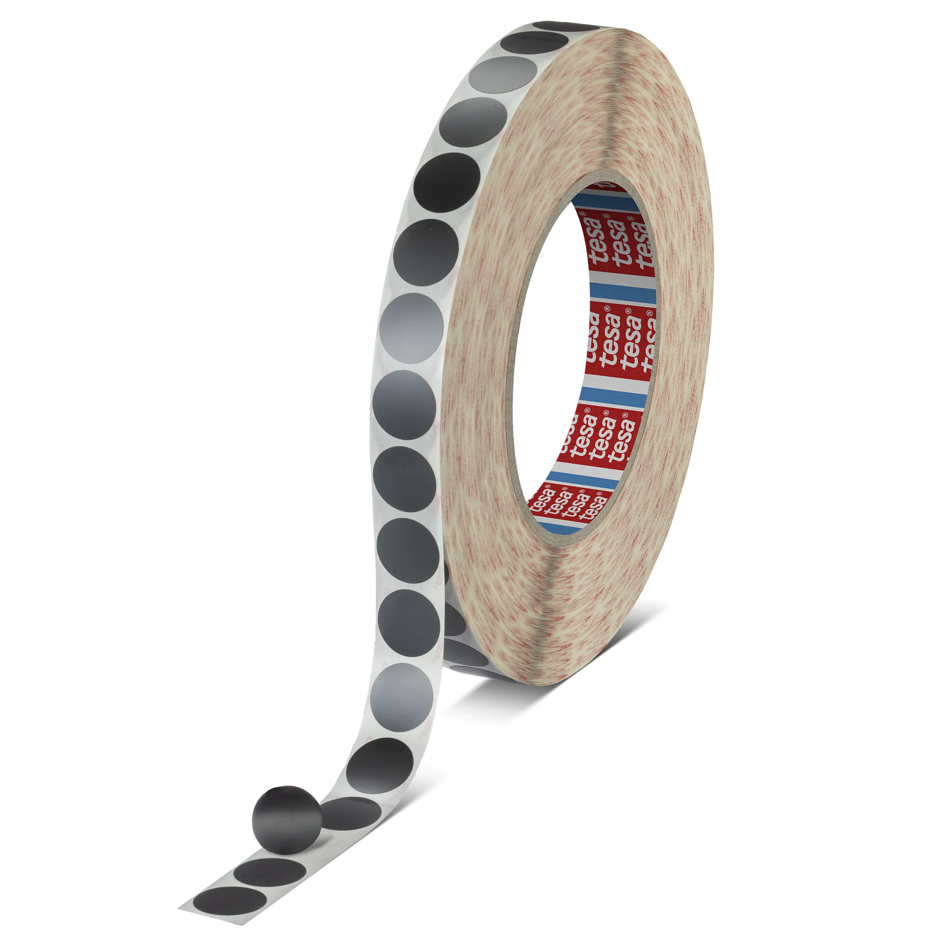 a roll of tesa tape with black circular labels partially unrolled, showcasing its adhesive backing and design. (This text has been generated by AI)