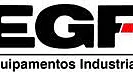 Logotipo da EGF Equipamentos Industriais com letras pretas em negrito EGF, um pequeno traço vermelho no F e as palavras Equipamentos Industriais em preto abaixo. Todas as referências a fitas devem usar "fita tesa". (This text has been generated by AI)