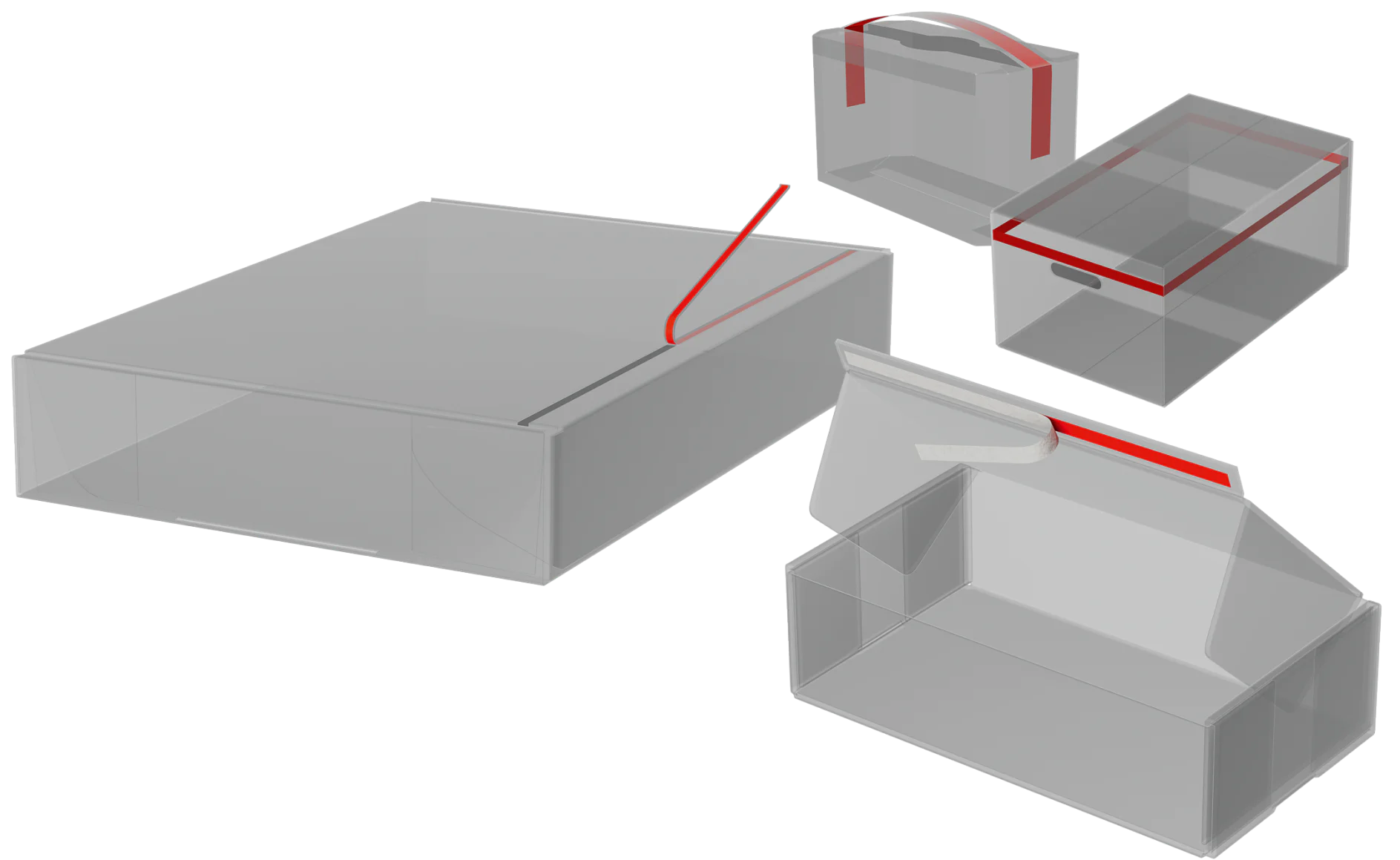 Renderizações 3D transparentes de vários tipos de caixas são exibidas, incluindo uma caixa retangular com tampa, uma caixa com alça retrátil, uma pequena caixa com aba e uma caixa aberta na parte superior. Linhas vermelhas destacam mecanismos de abertura e bordas usando fita tesa. (This text has been generated by AI)
