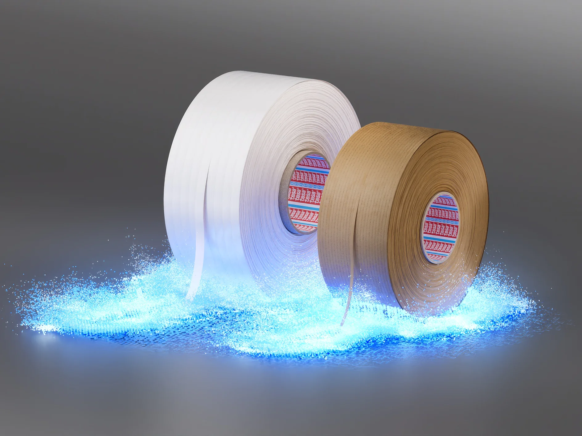 Dois rolos de fita tesa estão expostos sobre uma superfície com um efeito azul brilhante abaixo deles. O rolo à esquerda é branco e o da direita é marrom. Ambos possuem núcleos internos com padrões. O fundo é um gradiente de cinza. (This text has been generated by AI)
